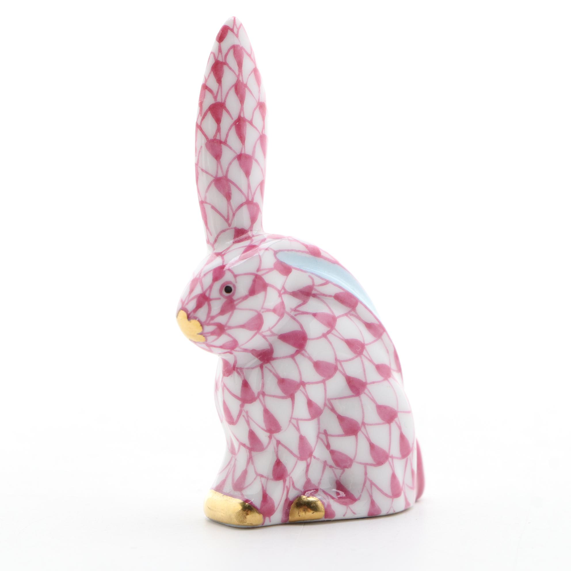 Herend Raspberry Fishnet with Gold "Rabbit One Ear Up" Porcelain Figurine