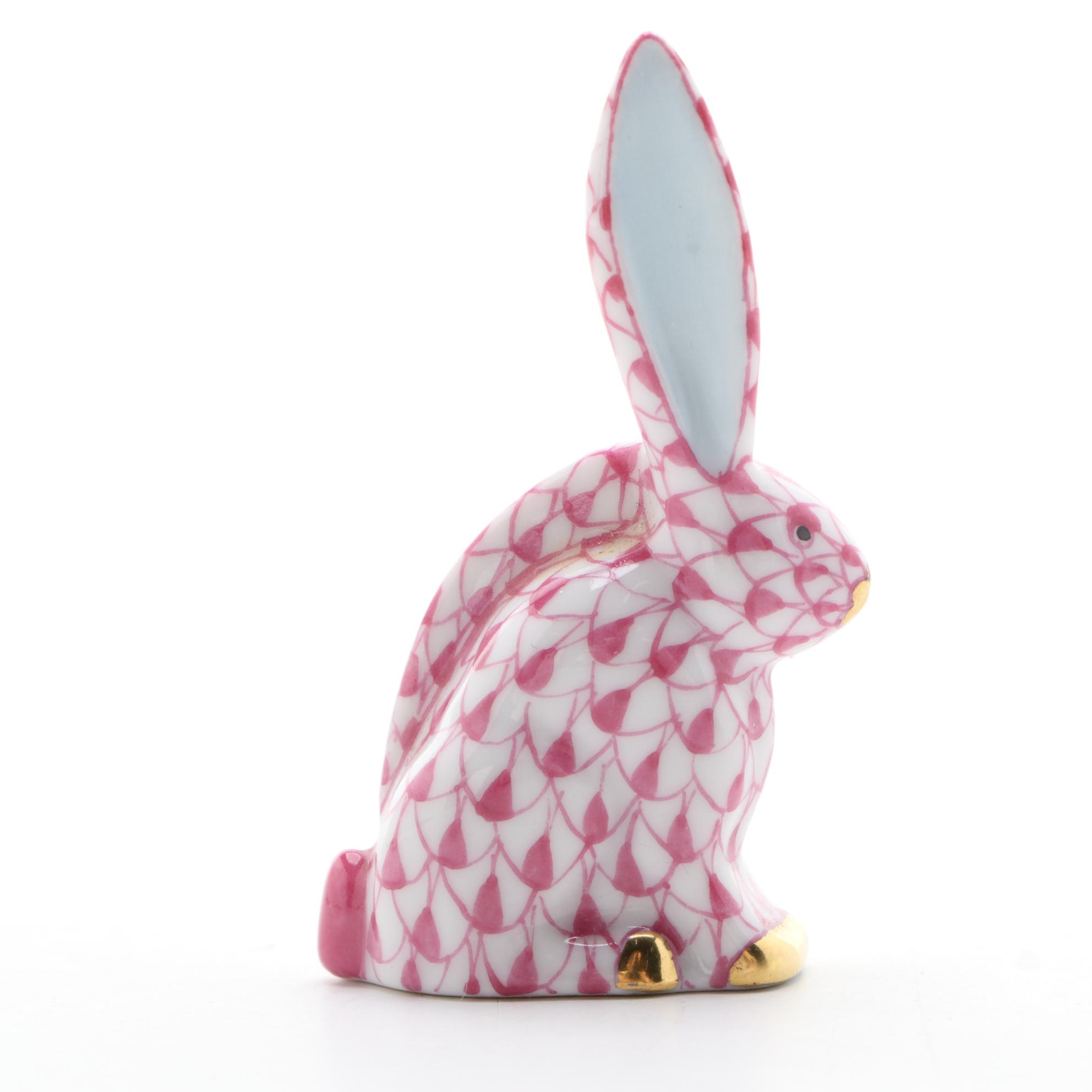 Herend Raspberry Fishnet with Gold "Rabbit One Ear Up" Porcelain Figurine