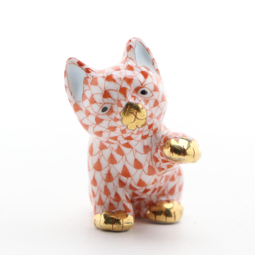 Herend Rust Fishnet with Gold "Small Cat" Porcelain Figurine, May 1998