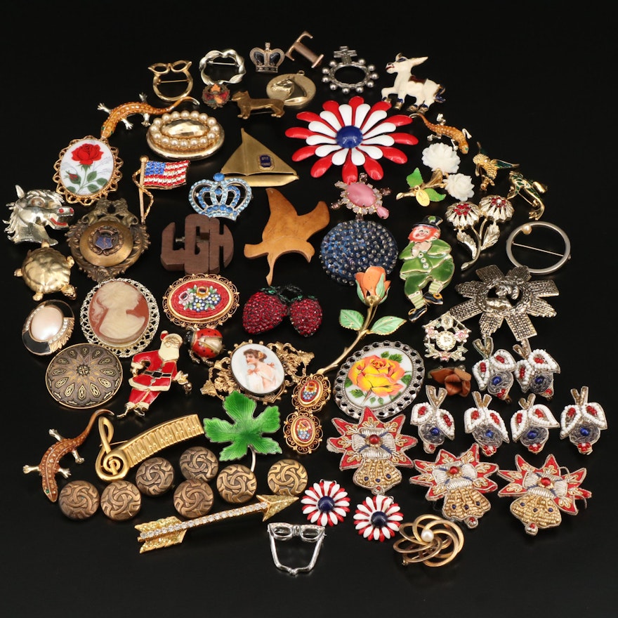 Vintage Costume Jewelry Featuring Pendants, Earrings and Fabric Brooches
