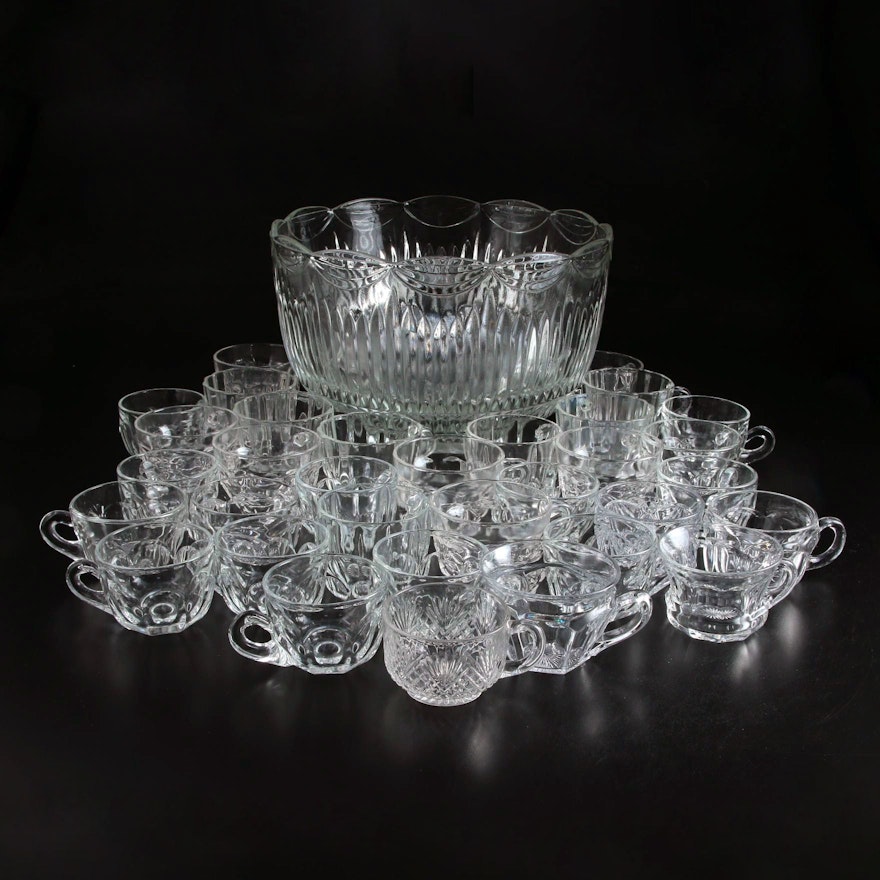 Pressed Glass Scalloped Rim Punch Bowl with Assorted Cups, Mid-Late 20th Century