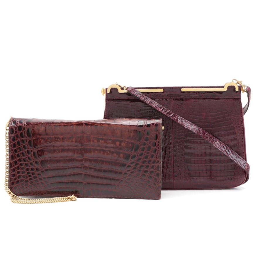 Burgundy Caiman Skin Top Handle and Clutch Bags