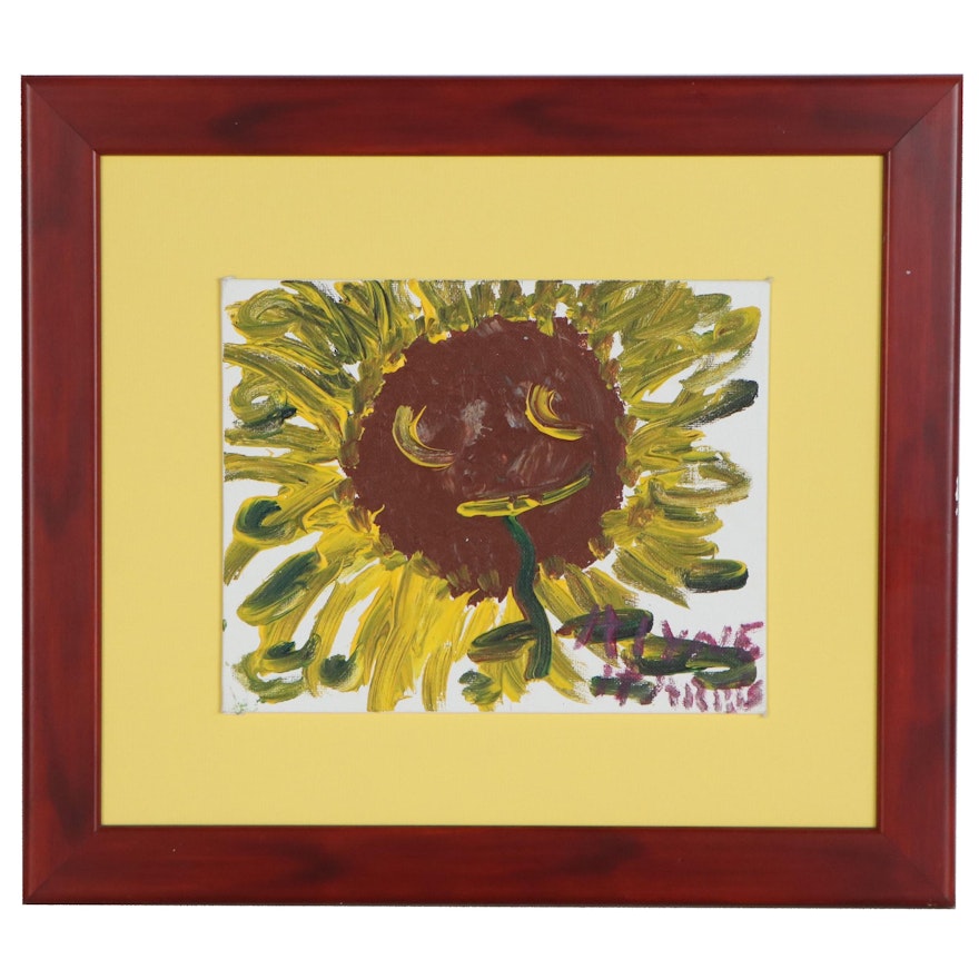 Alyne Harris Folk Art Acrylic Painting of Sunflower, 21st Century