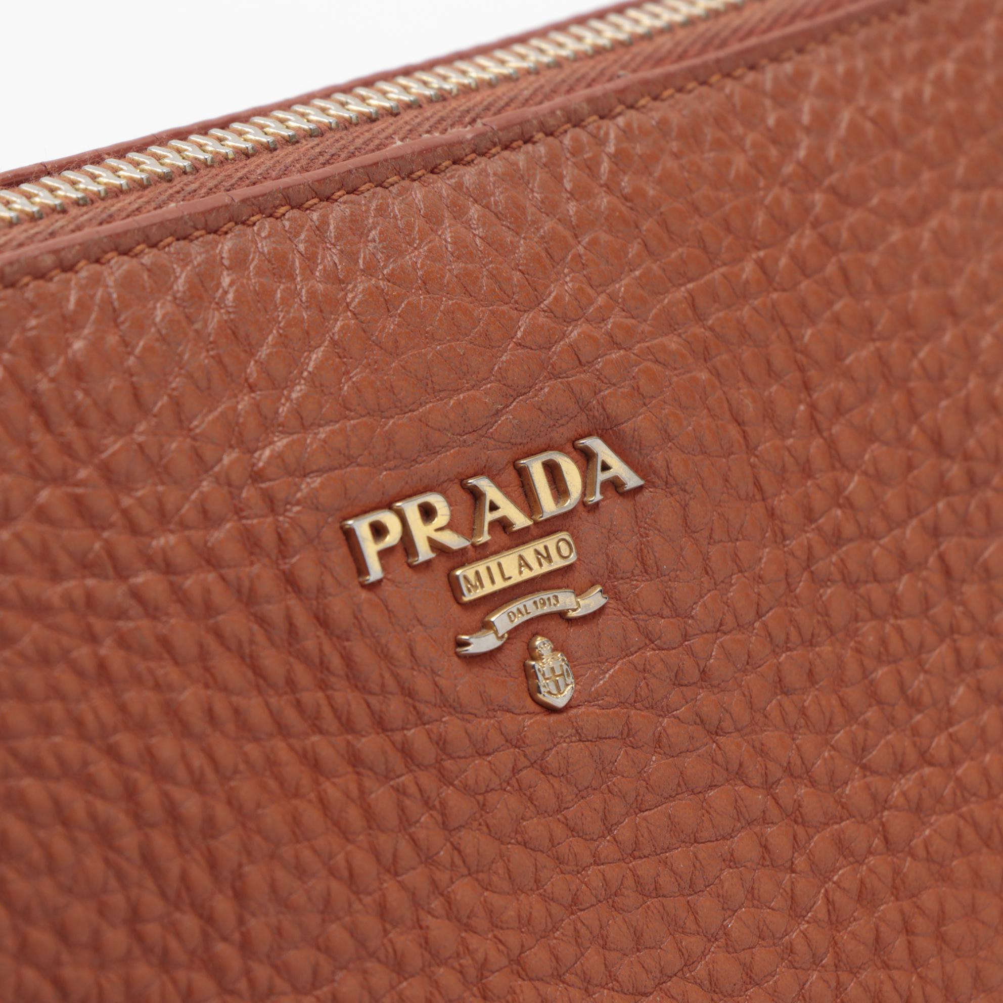 Prada Daino Leather Zip Top Shoulder Bag in Rust