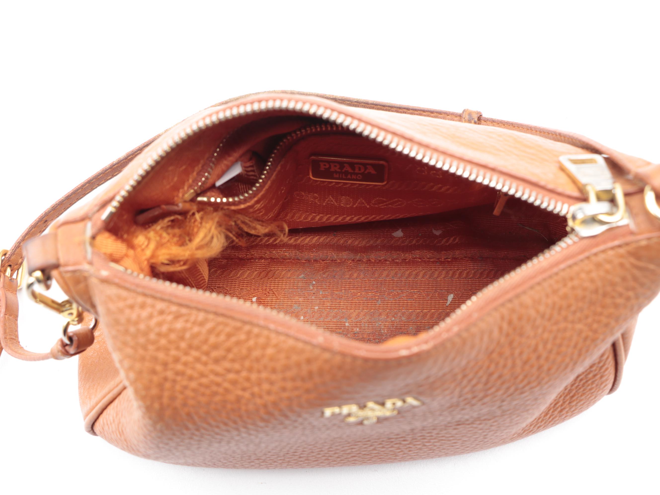 Prada Daino Leather Zip Top Shoulder Bag in Rust