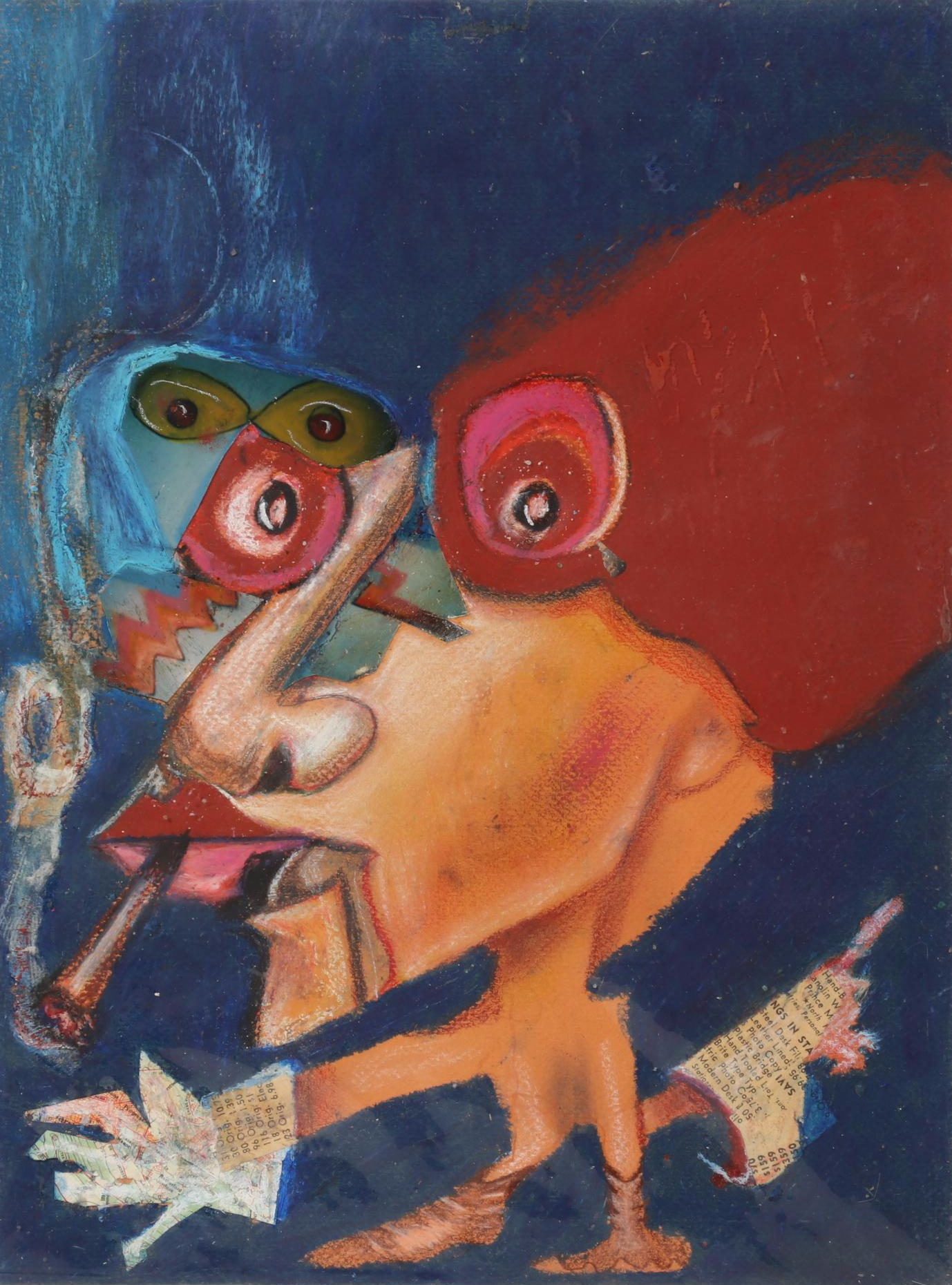 Janice Schuler Mixed Media Drawing of Abstract Figure Smoking Cigarette