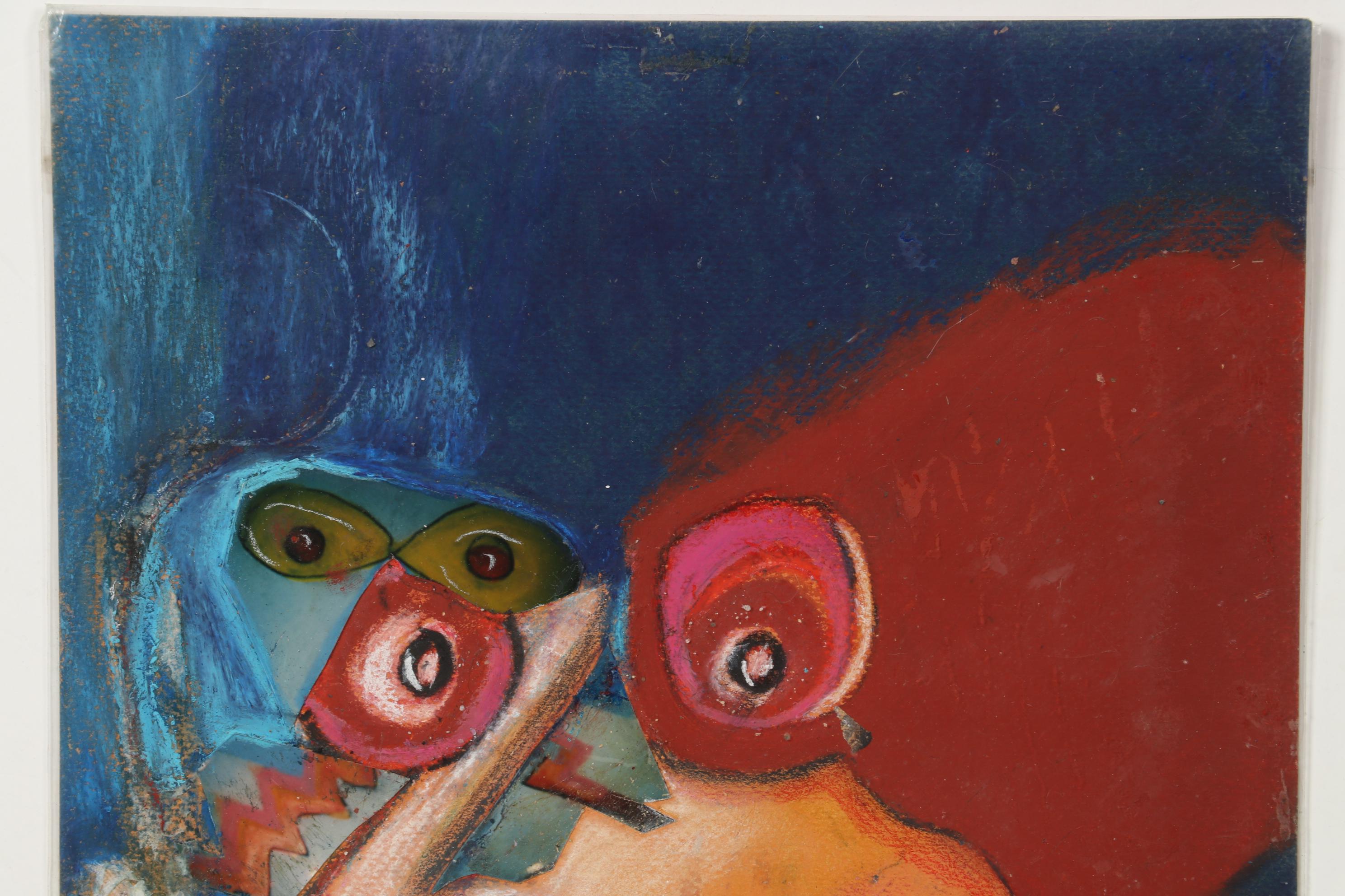 Janice Schuler Mixed Media Drawing of Abstract Figure Smoking Cigarette