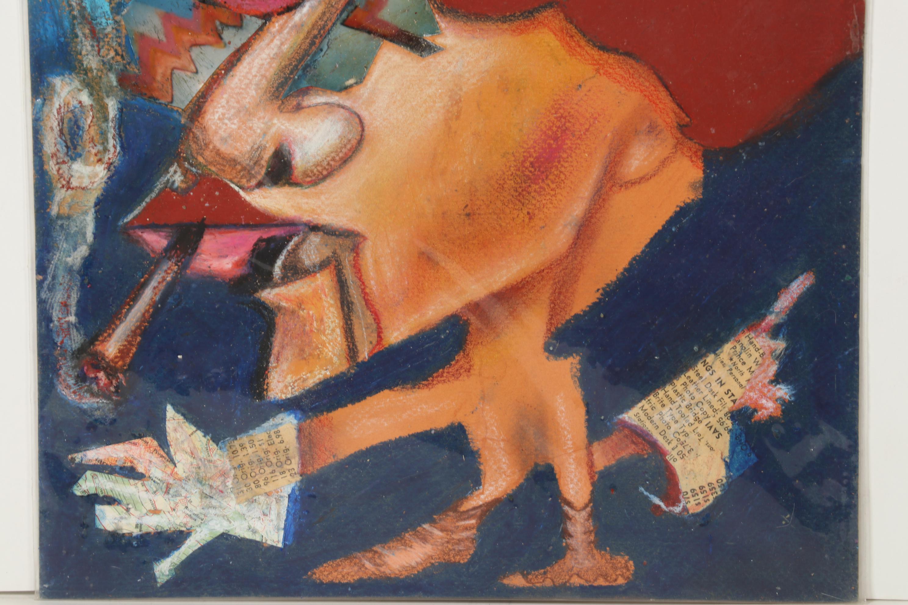 Janice Schuler Mixed Media Drawing of Abstract Figure Smoking Cigarette