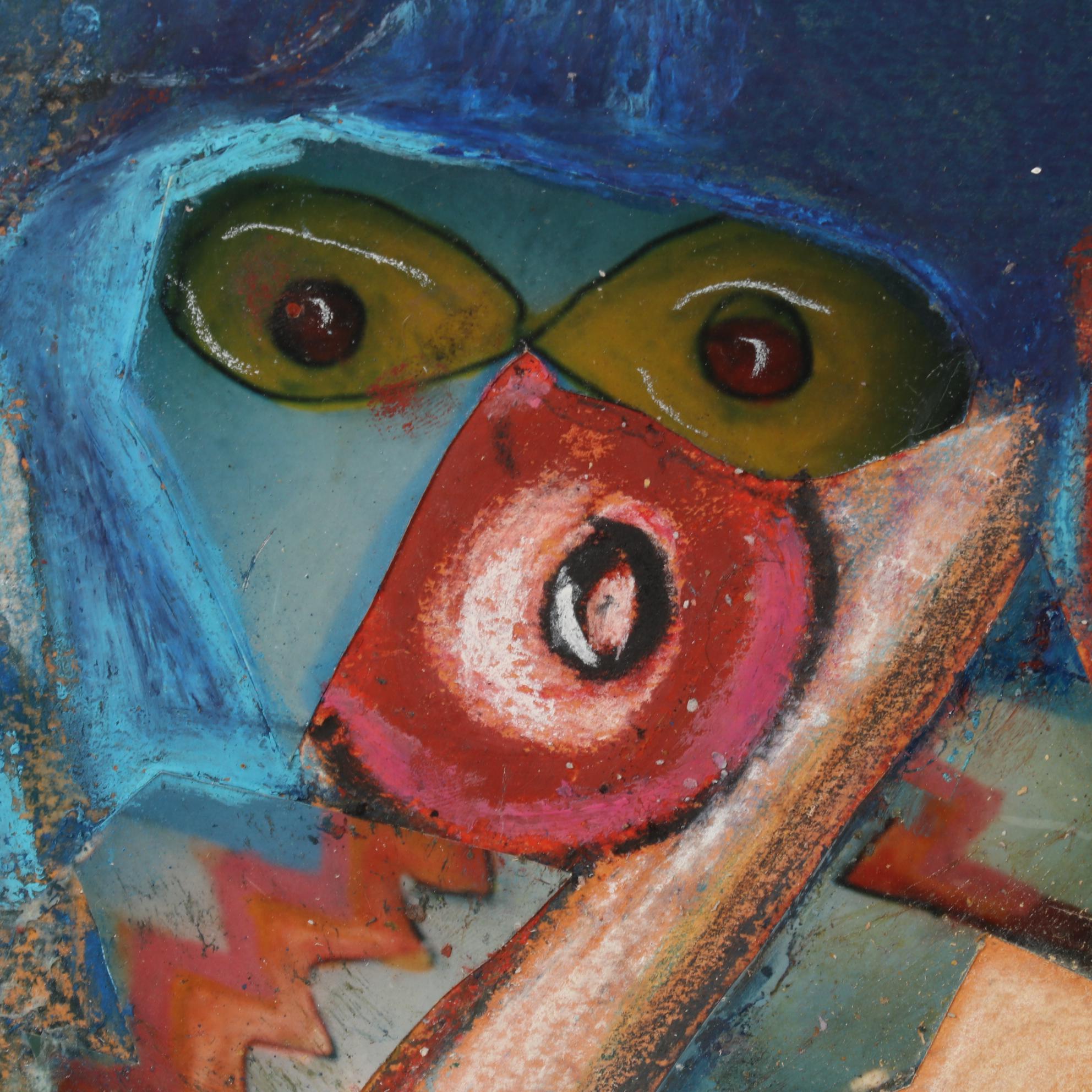 Janice Schuler Mixed Media Drawing of Abstract Figure Smoking Cigarette