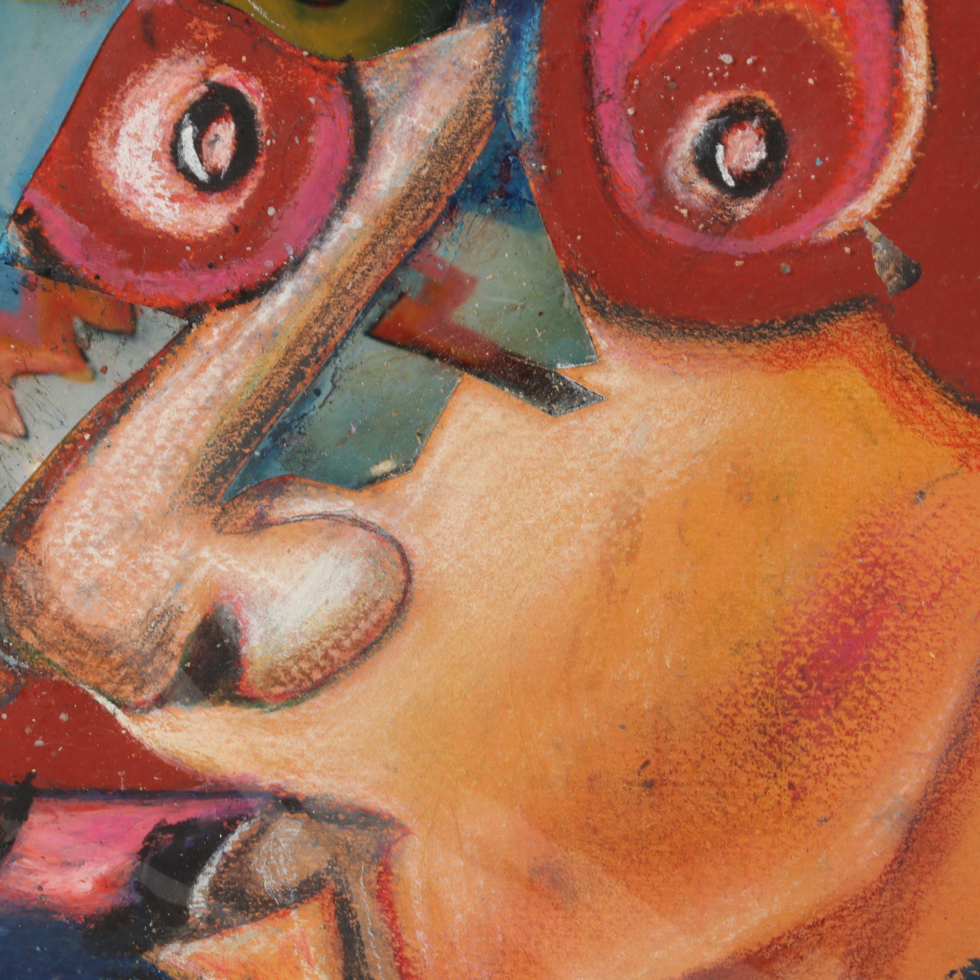 Janice Schuler Mixed Media Drawing of Abstract Figure Smoking Cigarette