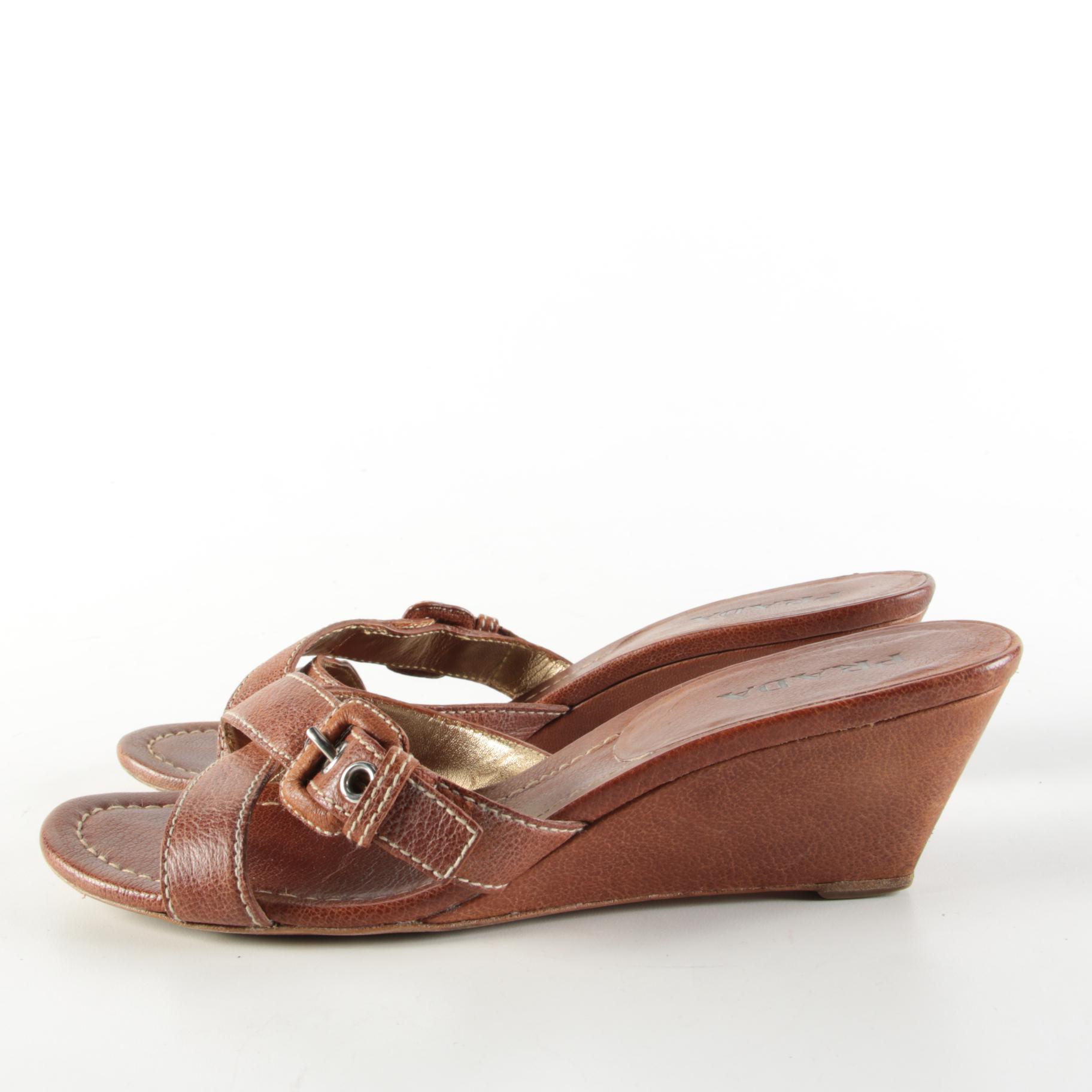 Prada Sughero Cognac Brown Grained Leather Buckle Wedge Sandals