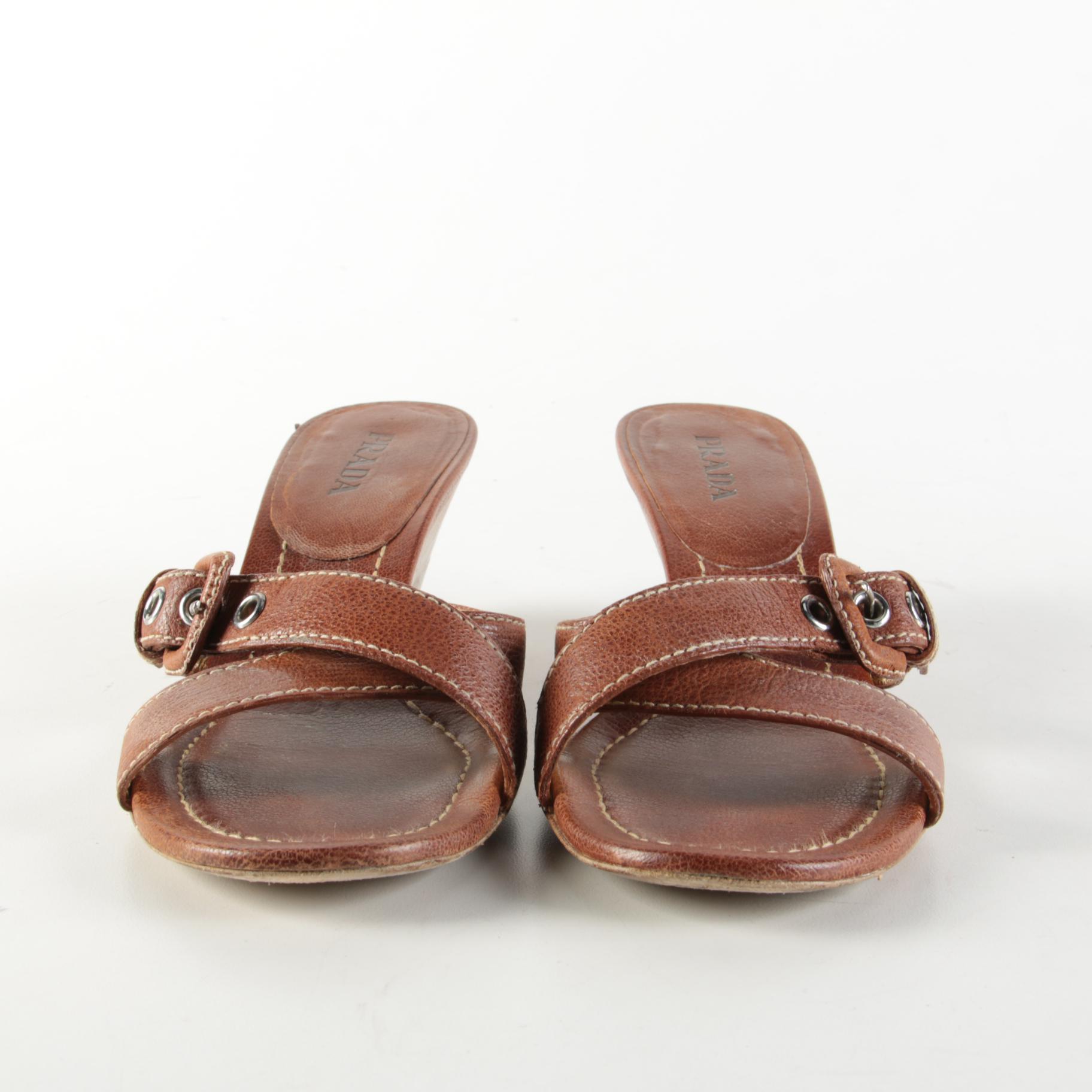 Prada Sughero Cognac Brown Grained Leather Buckle Wedge Sandals