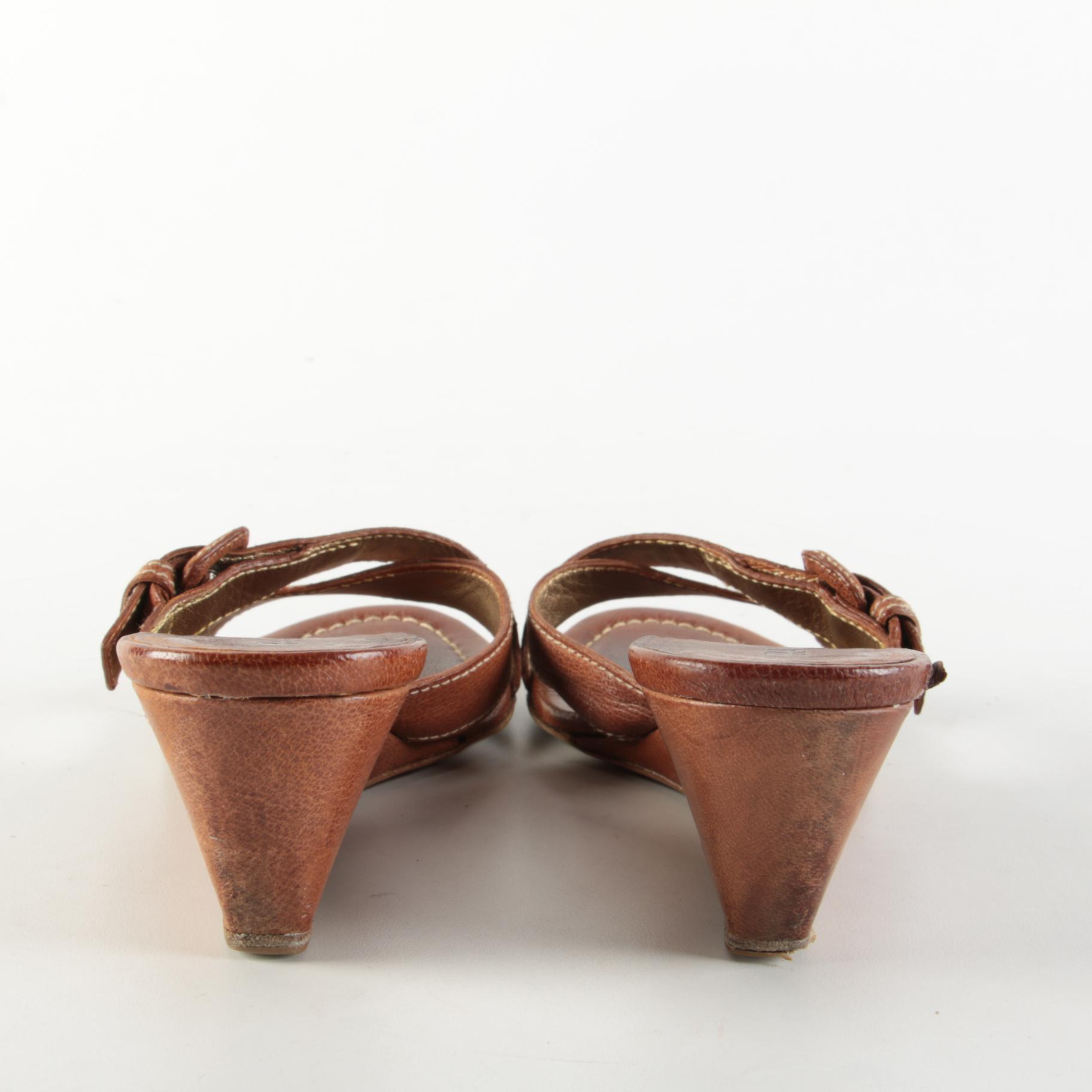 Prada Sughero Cognac Brown Grained Leather Buckle Wedge Sandals