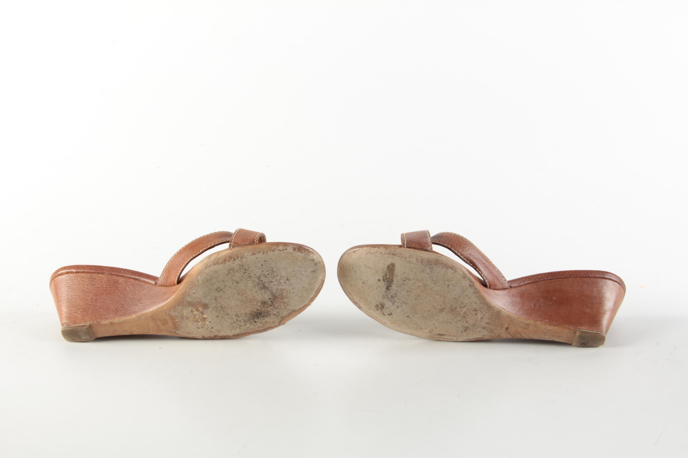 Prada Sughero Cognac Brown Grained Leather Buckle Wedge Sandals