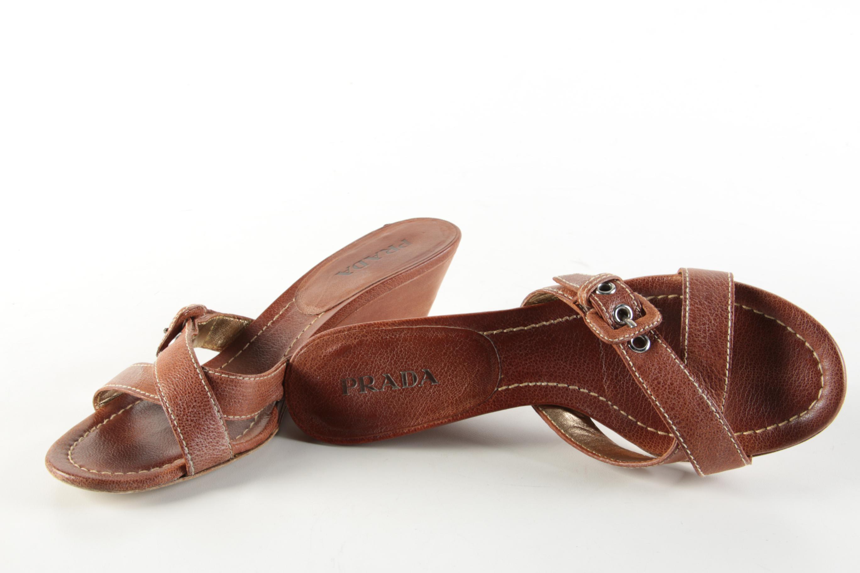 Prada Sughero Cognac Brown Grained Leather Buckle Wedge Sandals