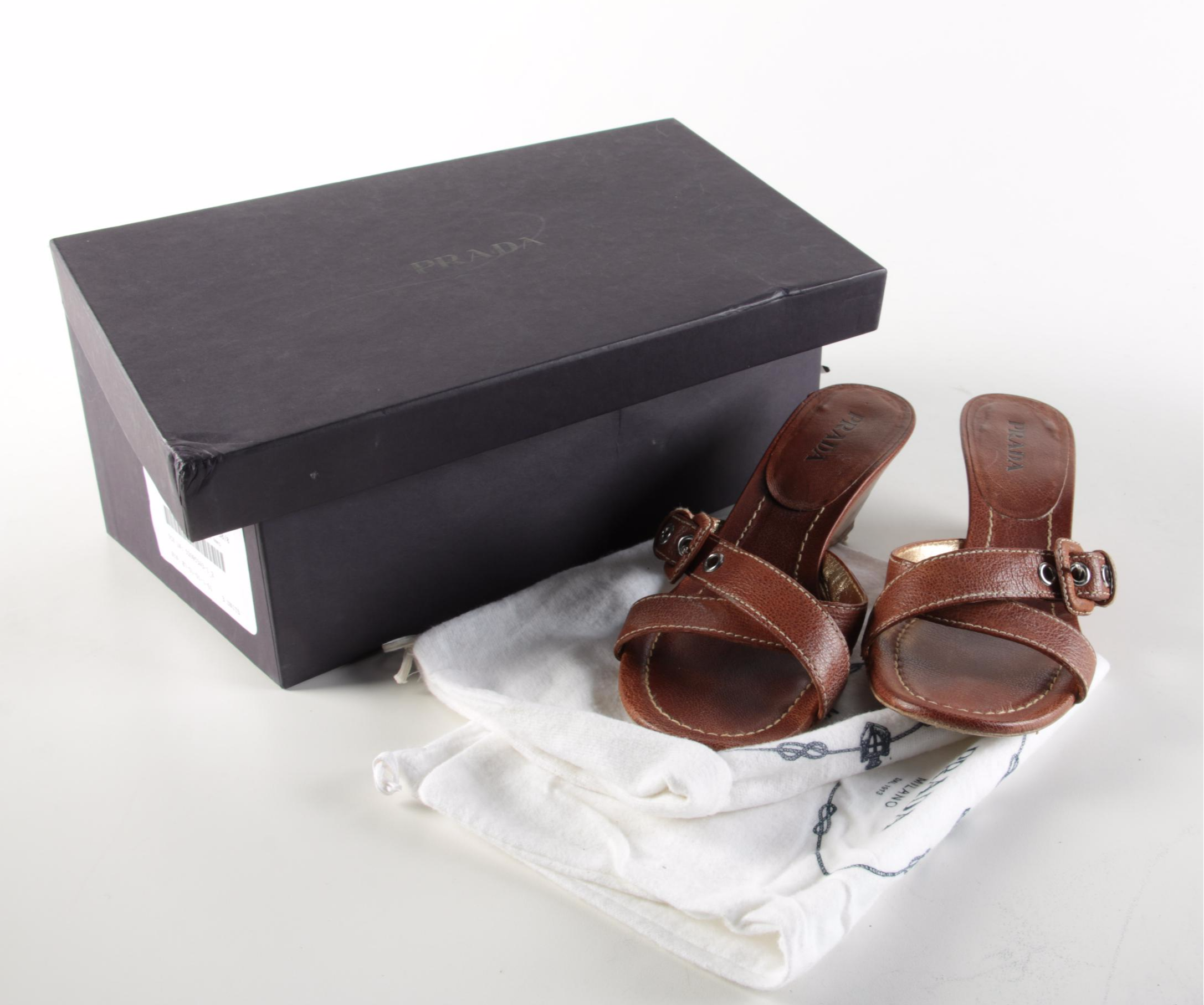 Prada Sughero Cognac Brown Grained Leather Buckle Wedge Sandals