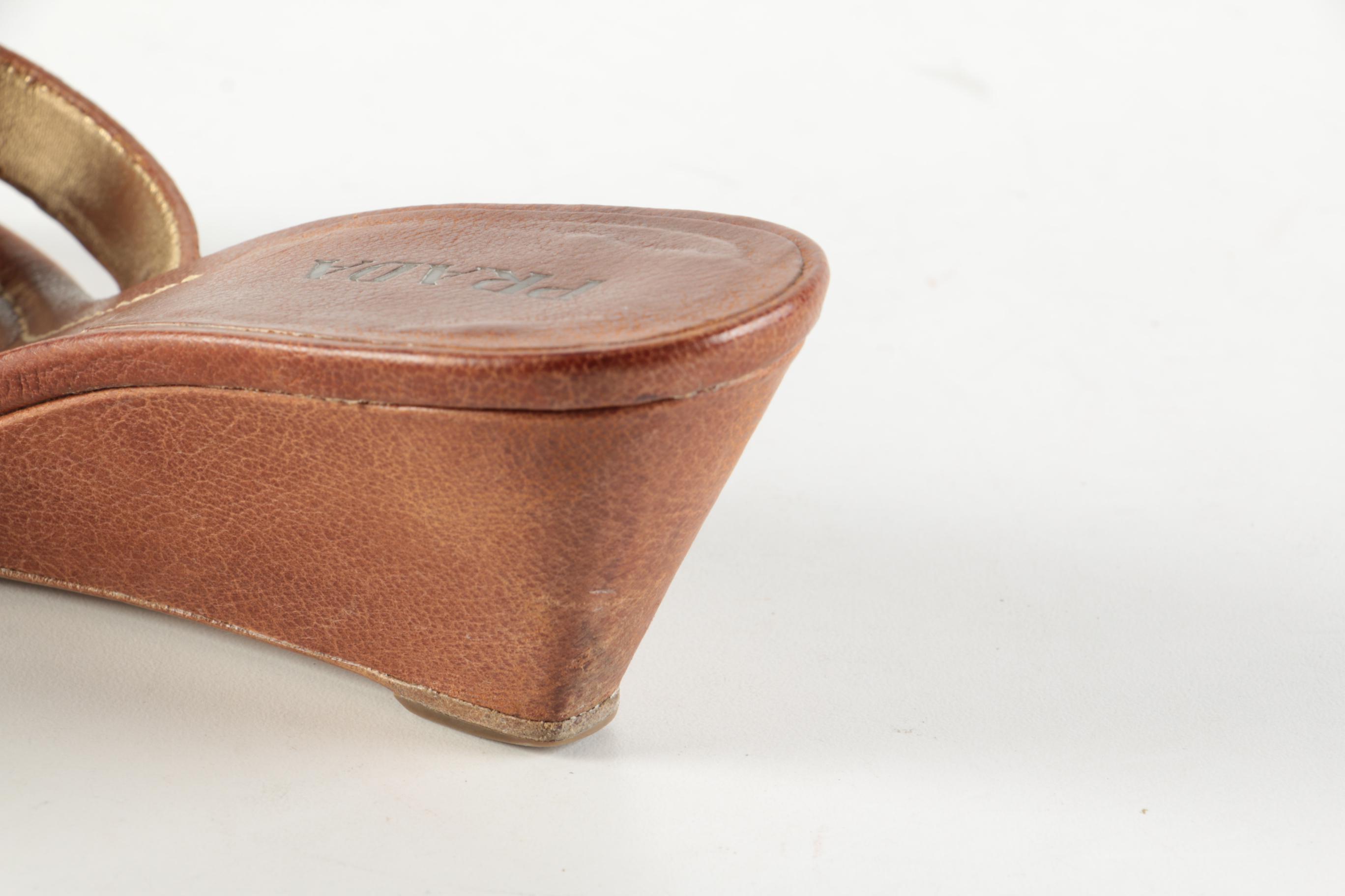 Prada Sughero Cognac Brown Grained Leather Buckle Wedge Sandals