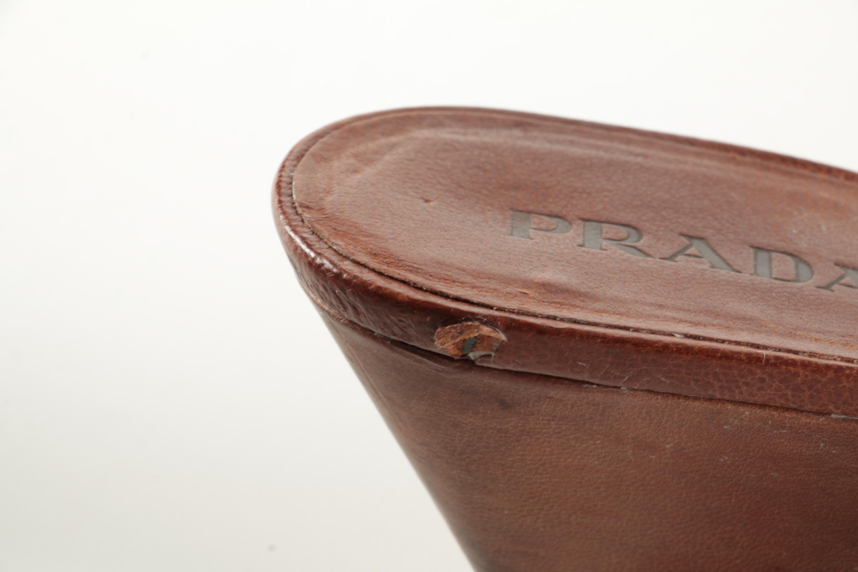 Prada Sughero Cognac Brown Grained Leather Buckle Wedge Sandals