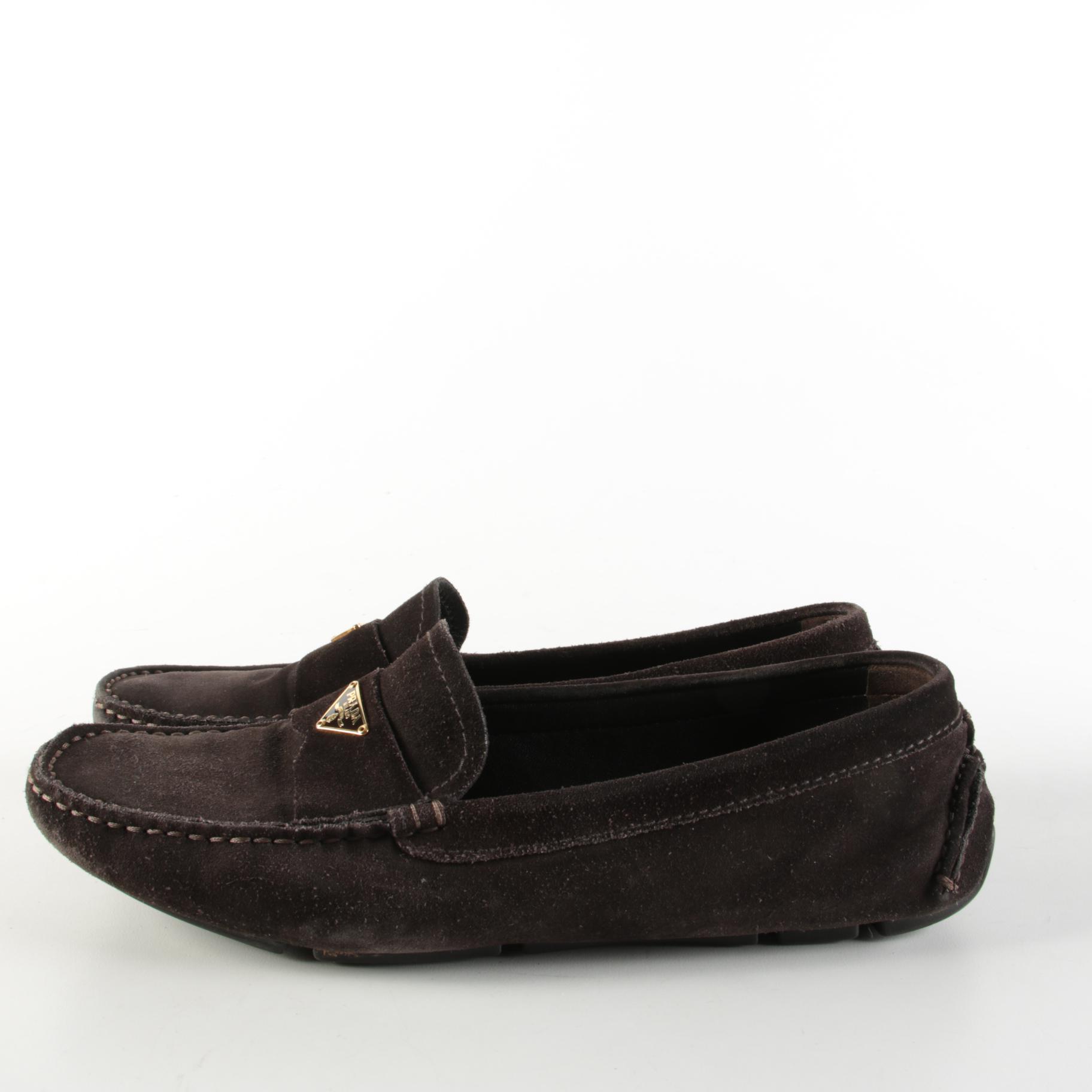 Prada Scamosciato Ebano Brown Suede Penny Driver Loafers