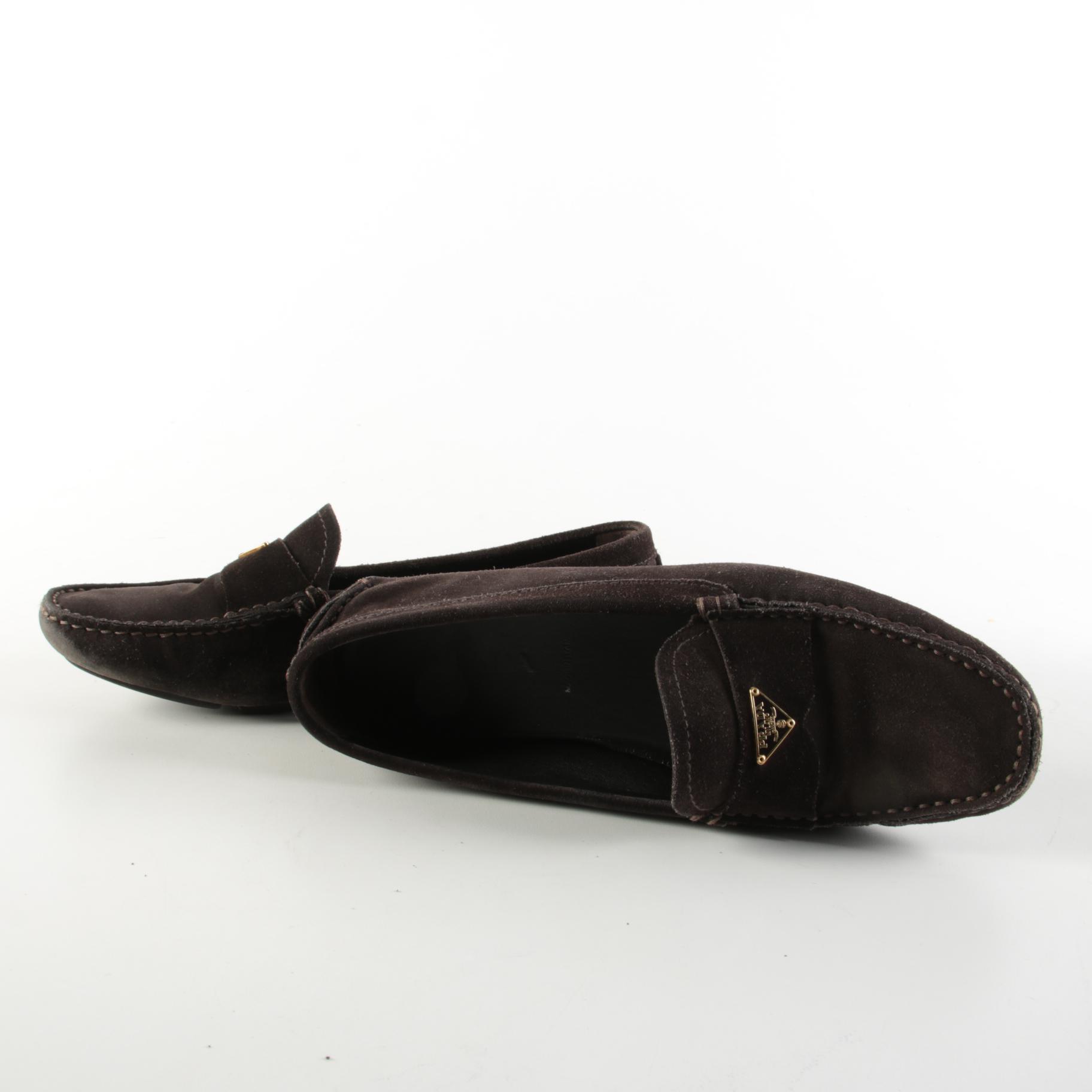Prada Scamosciato Ebano Brown Suede Penny Driver Loafers