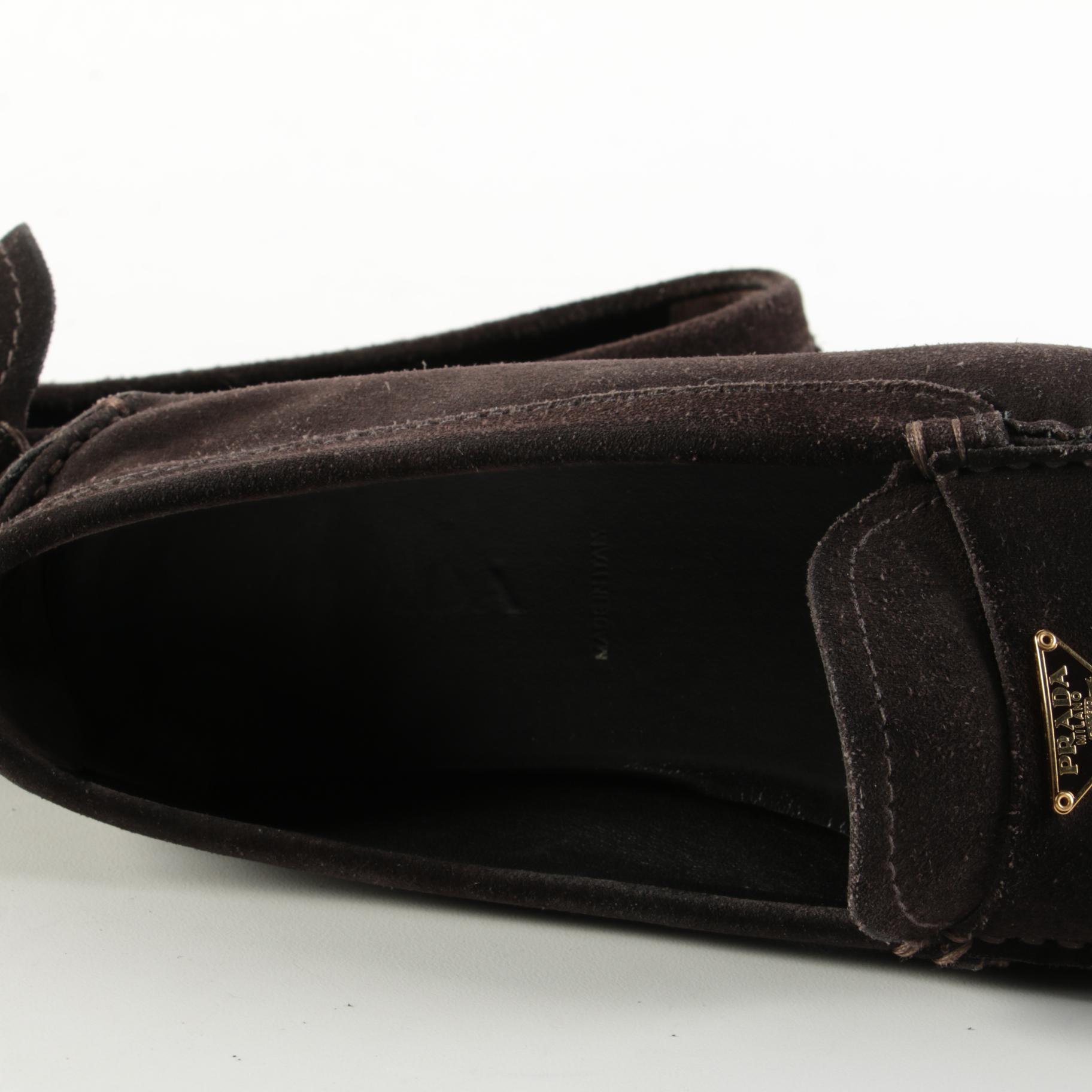 Prada Scamosciato Ebano Brown Suede Penny Driver Loafers