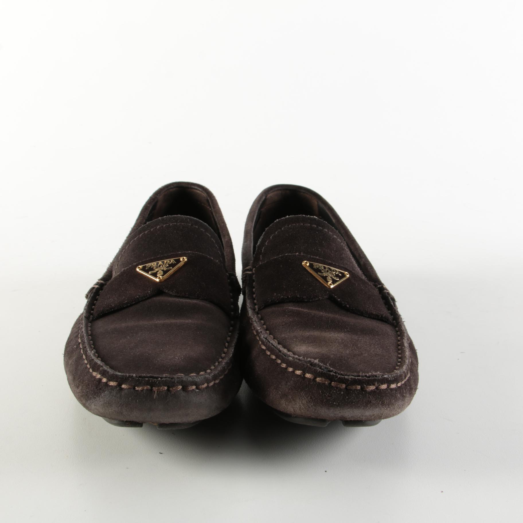 Prada Scamosciato Ebano Brown Suede Penny Driver Loafers