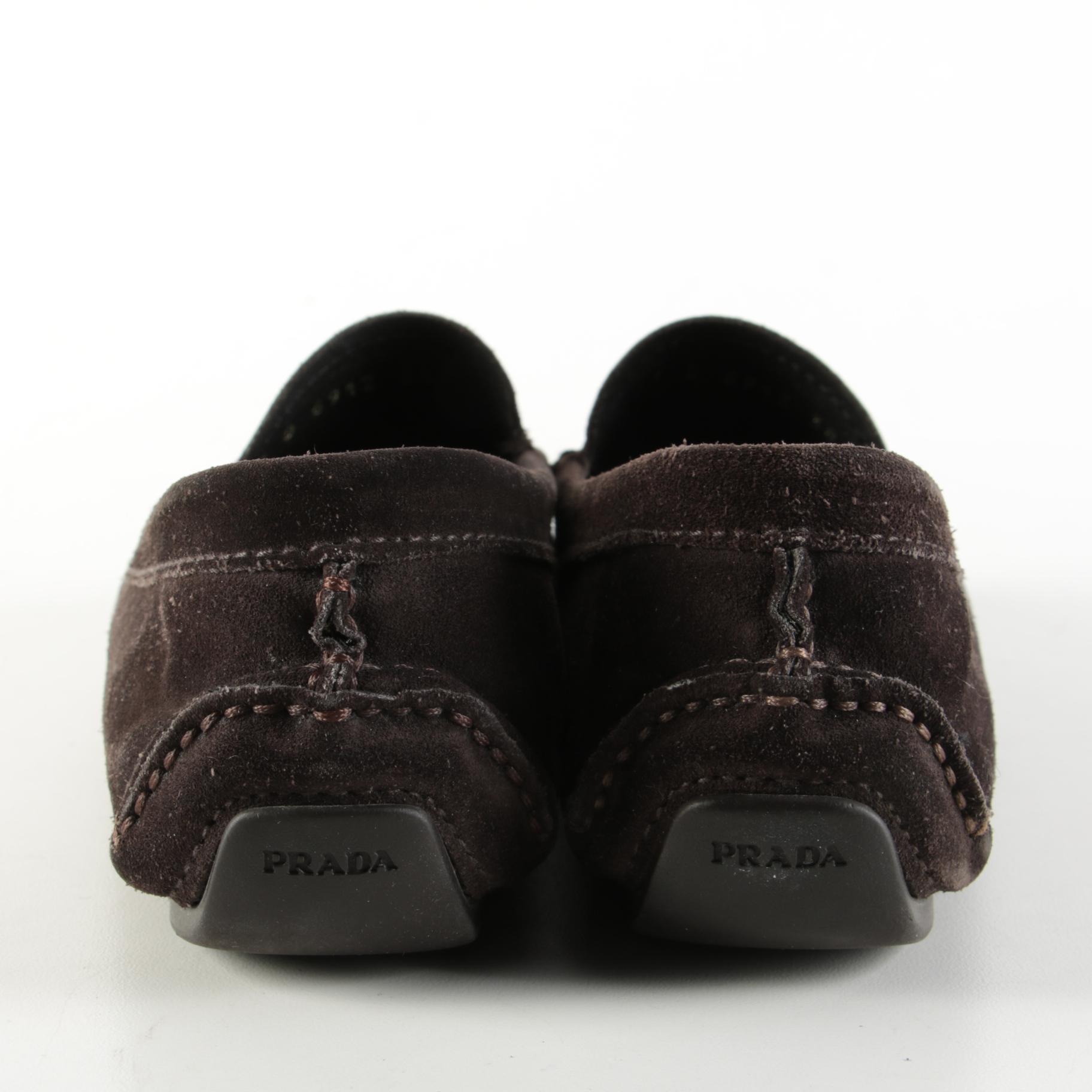 Prada Scamosciato Ebano Brown Suede Penny Driver Loafers