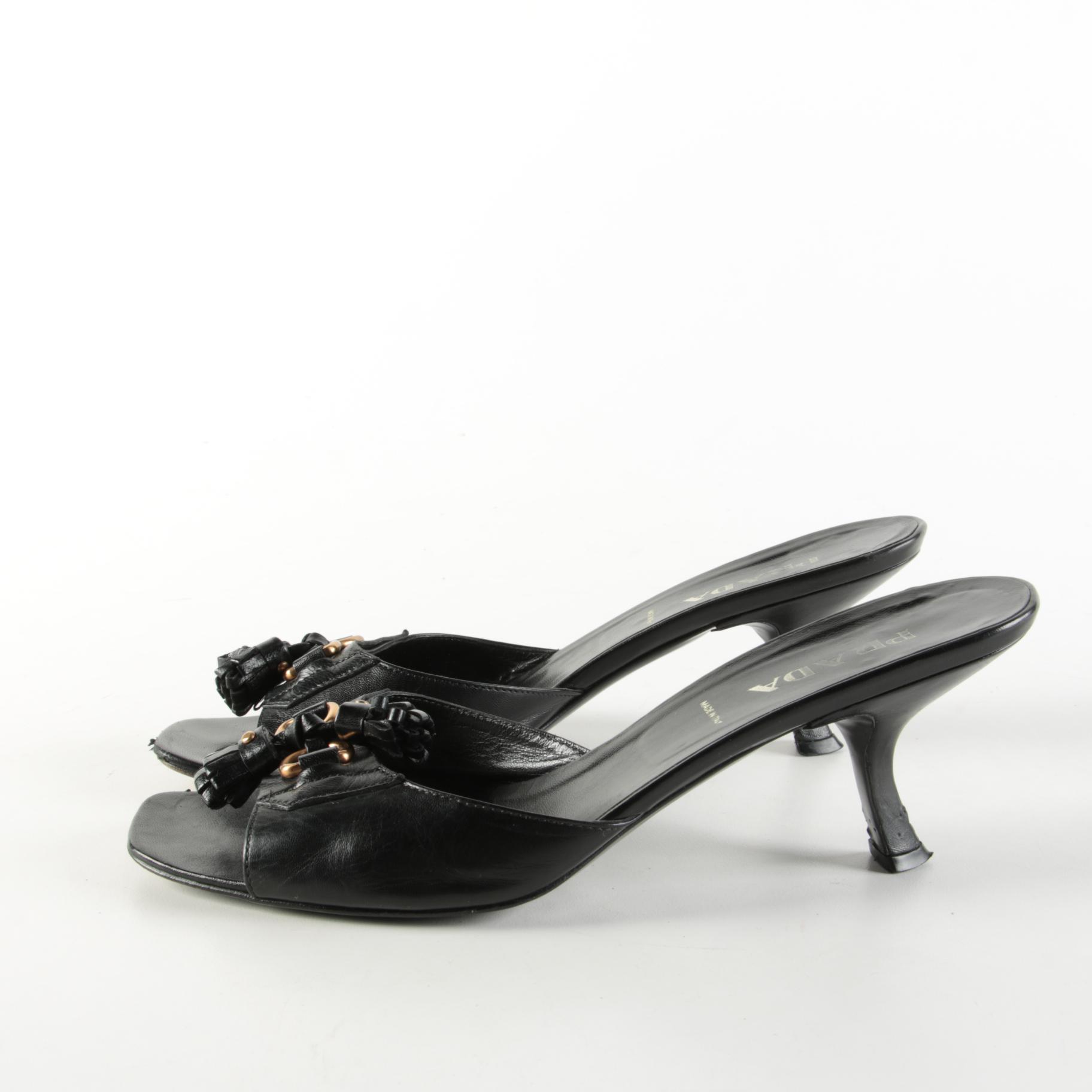 Prada Capretto Pretty Waisted Heel Tassel Sandals in Black Leather