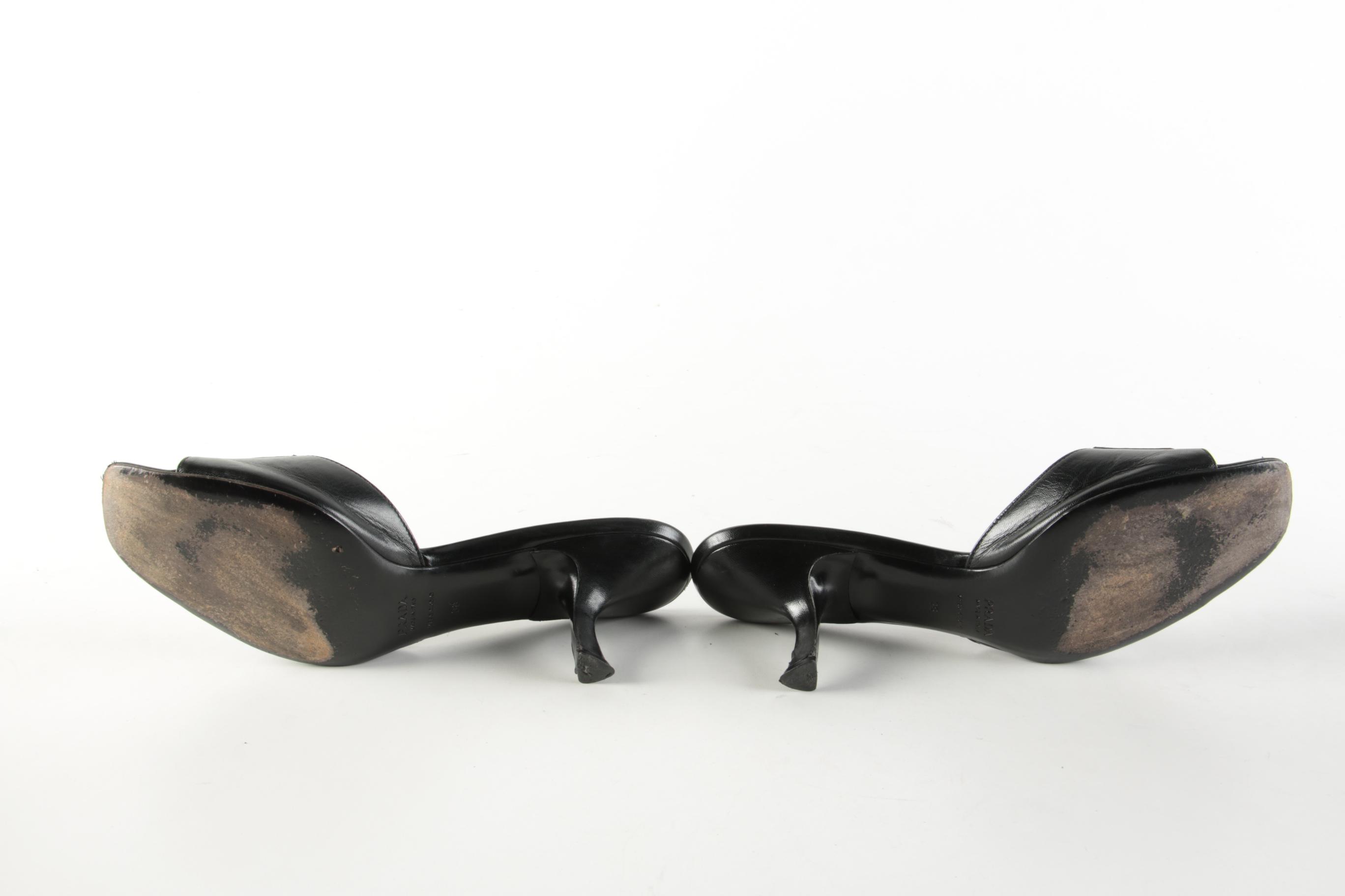 Prada Capretto Pretty Waisted Heel Tassel Sandals in Black Leather