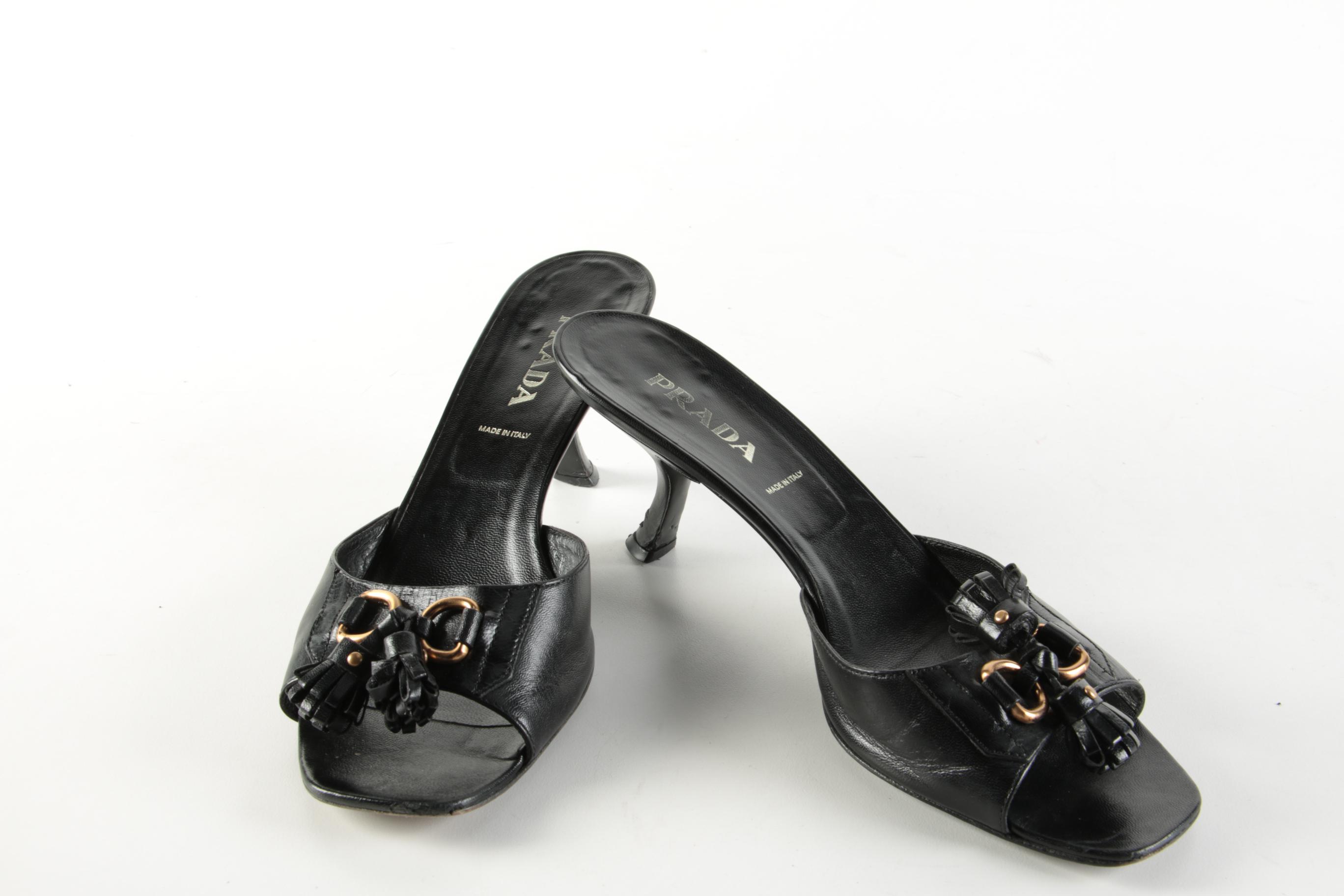Prada Capretto Pretty Waisted Heel Tassel Sandals in Black Leather