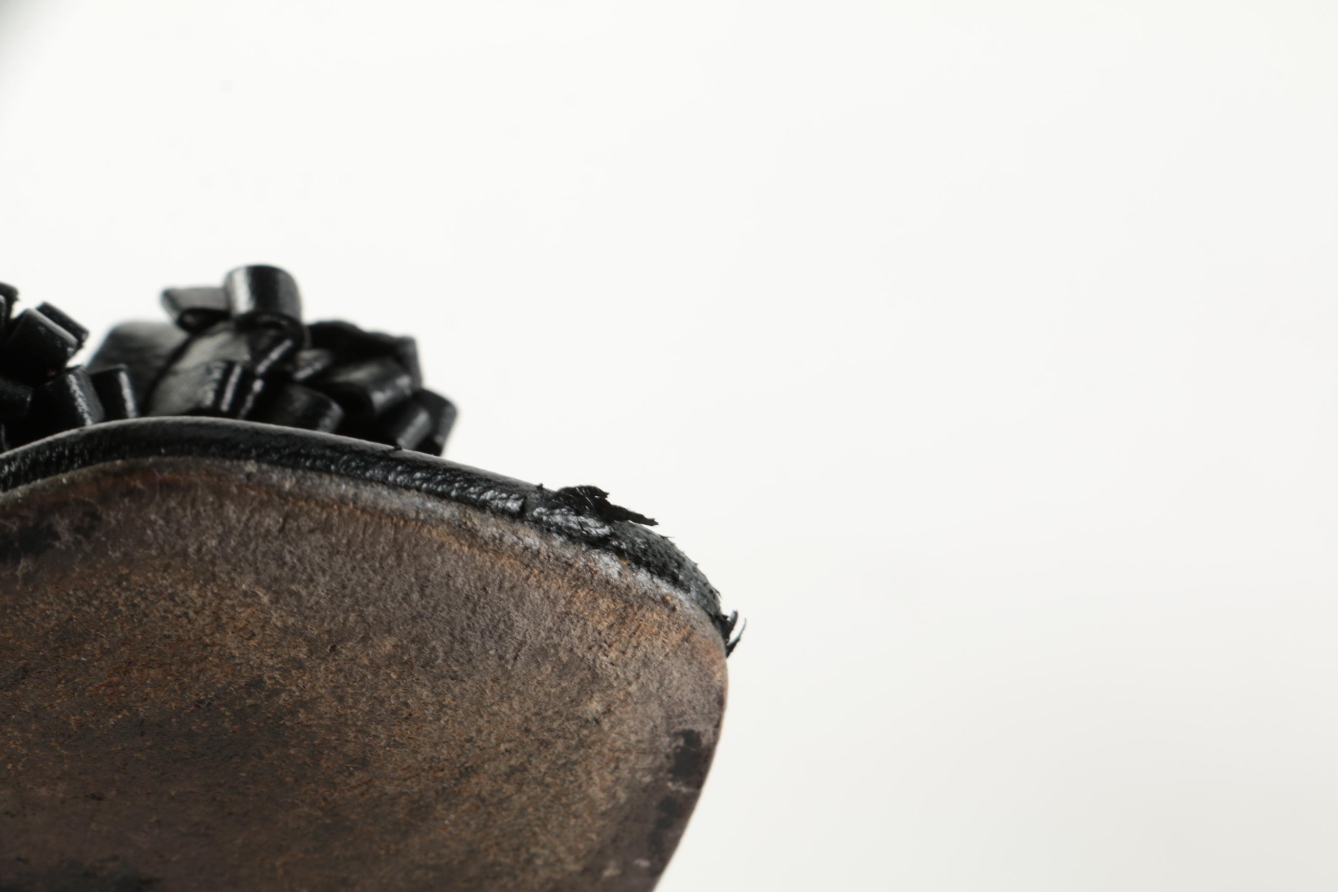 Prada Capretto Pretty Waisted Heel Tassel Sandals in Black Leather