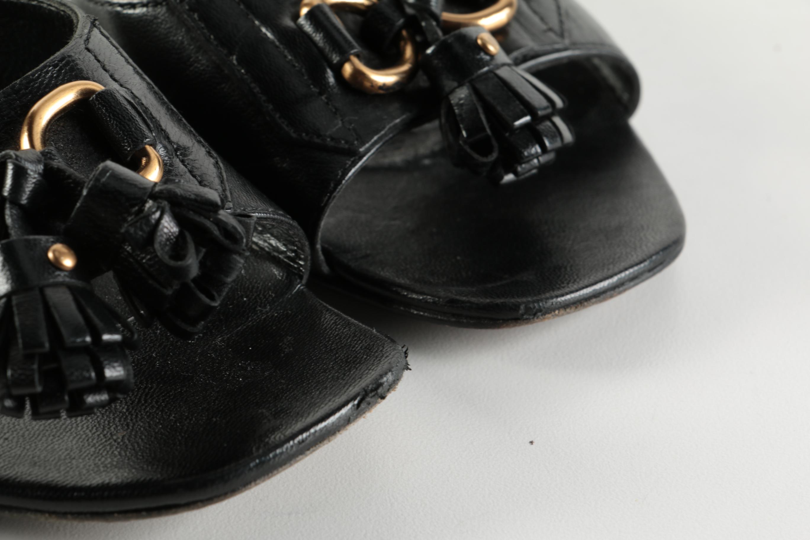 Prada Capretto Pretty Waisted Heel Tassel Sandals in Black Leather