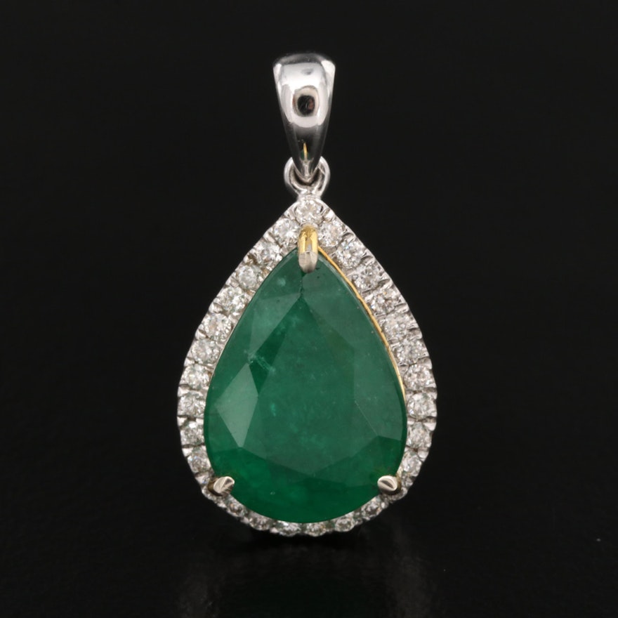 14K 3.60 CT Emerald and Diamond Teardrop Pendant