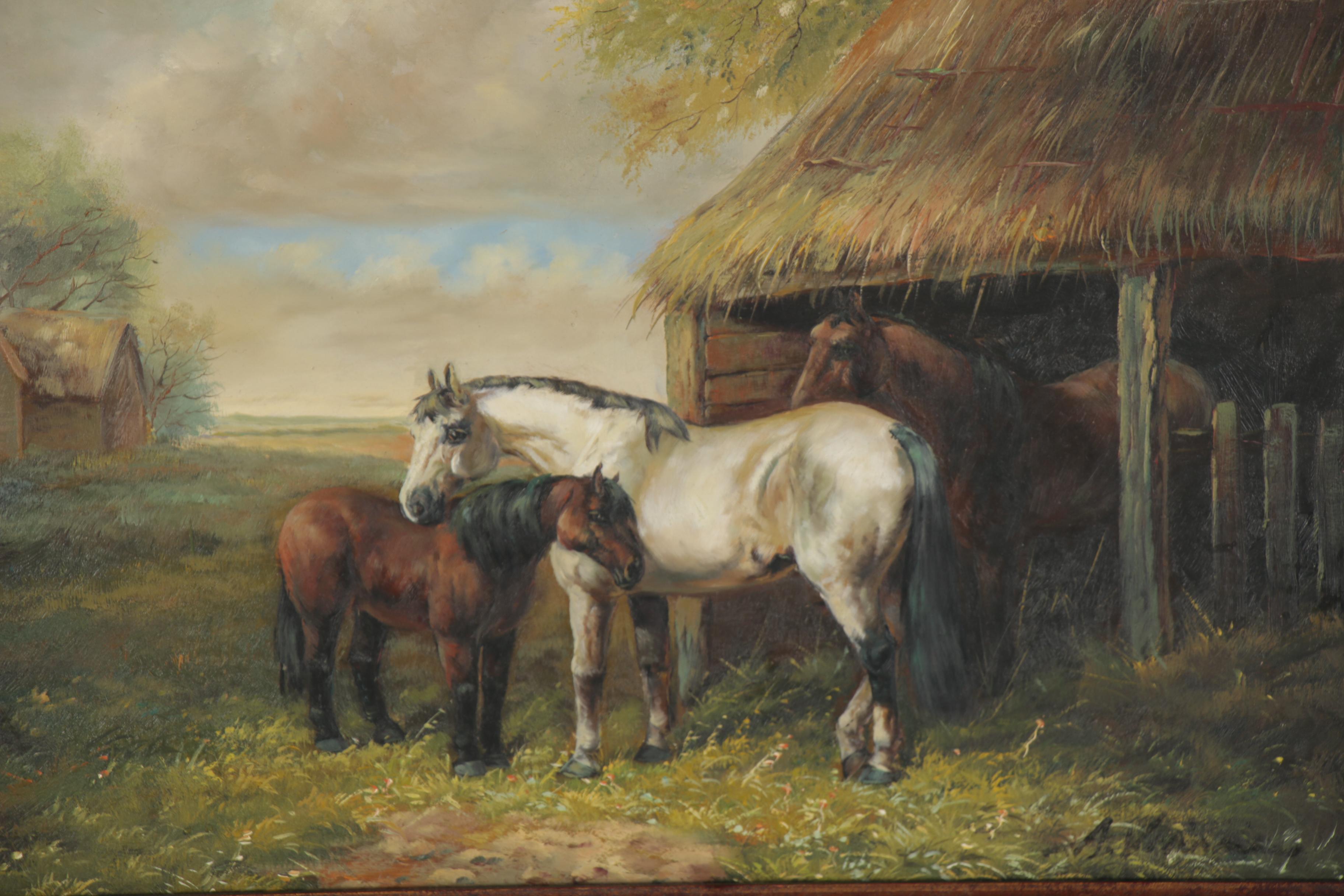Pastoral Landscape Oil Painting with Horses, Late 20th Century