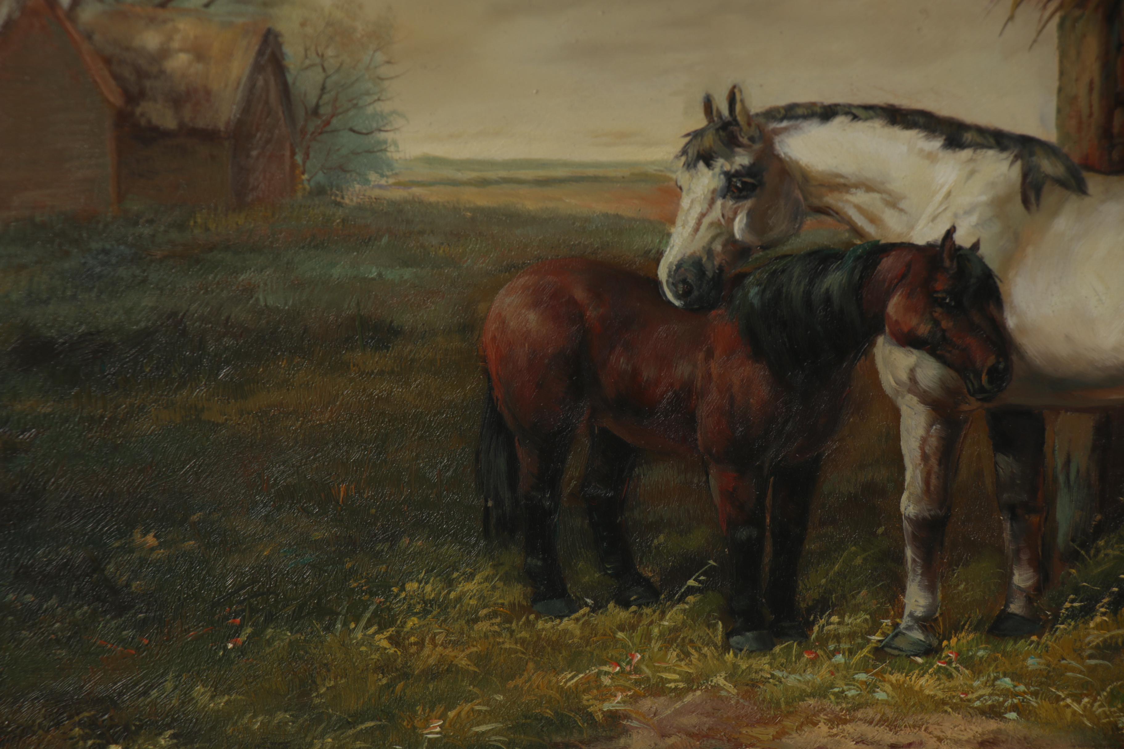 Pastoral Landscape Oil Painting with Horses, Late 20th Century