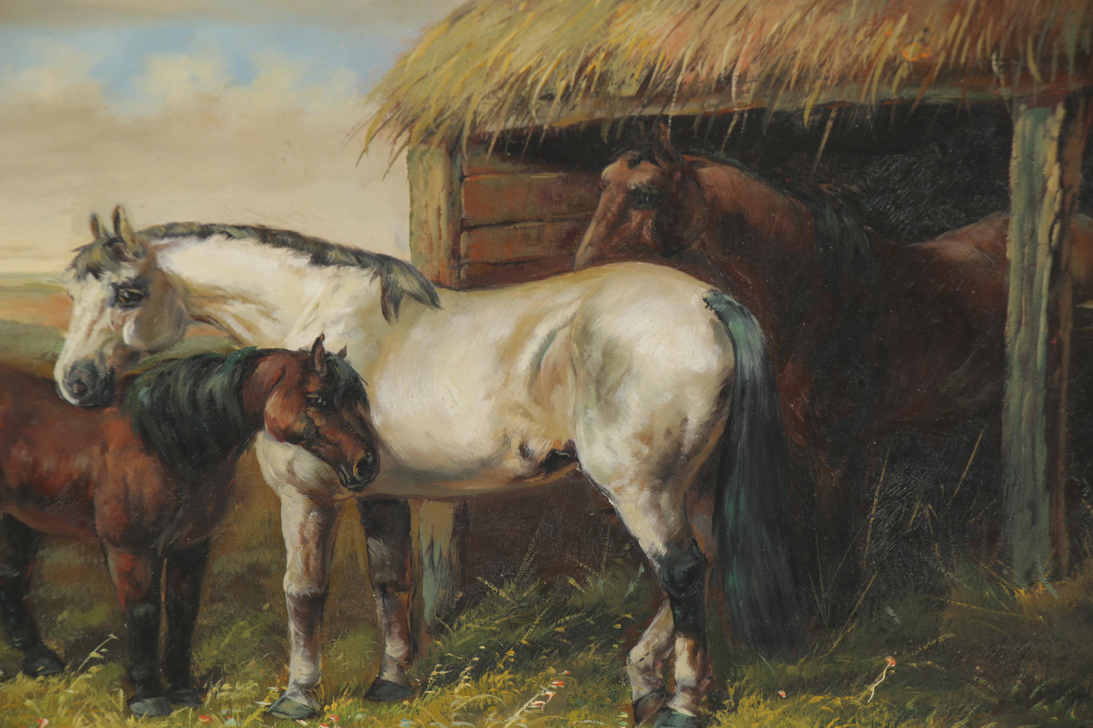 Pastoral Landscape Oil Painting with Horses, Late 20th Century
