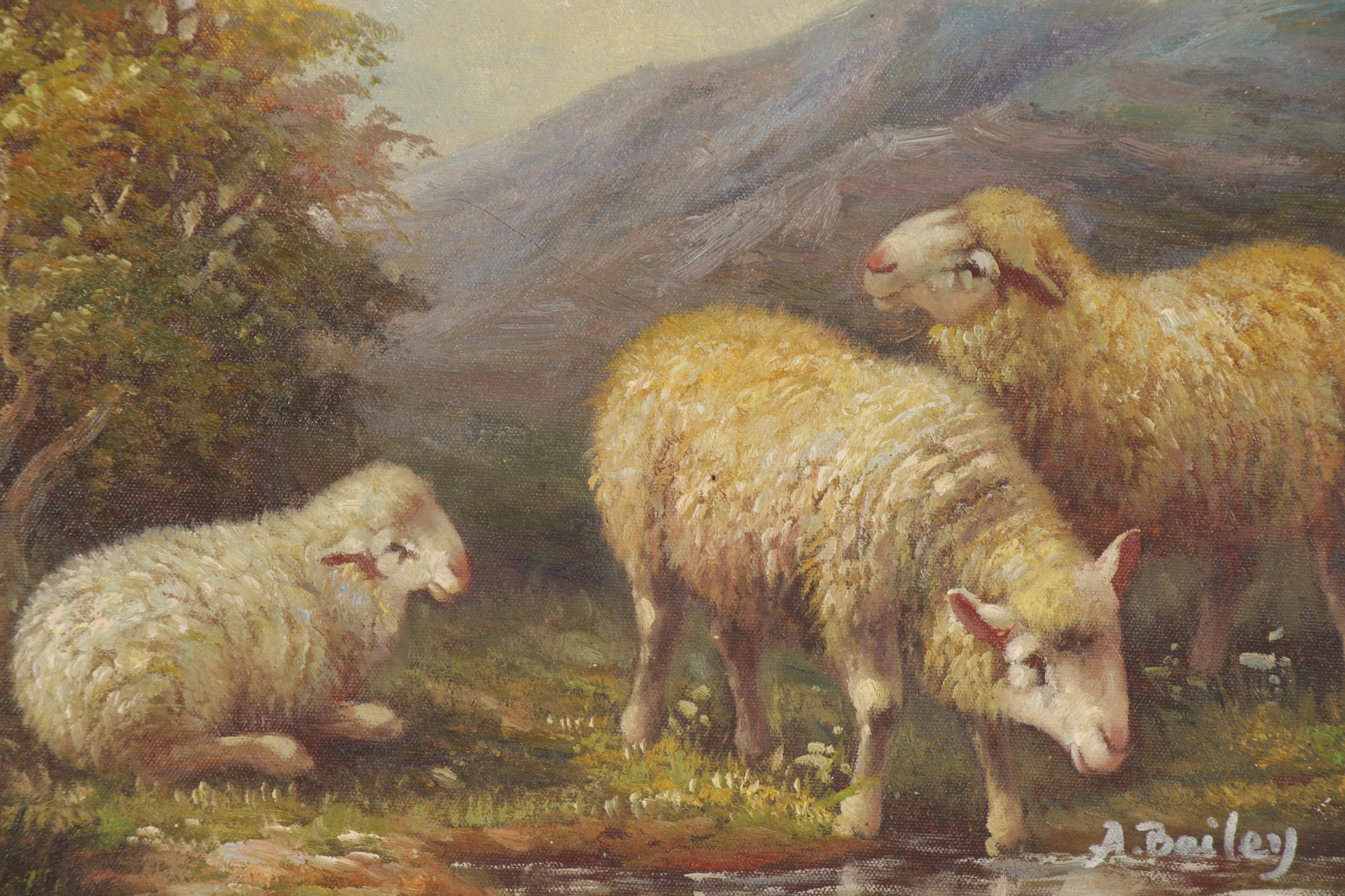 Landscape Oil Painting of a Flock of Sheep, Late 20th Century