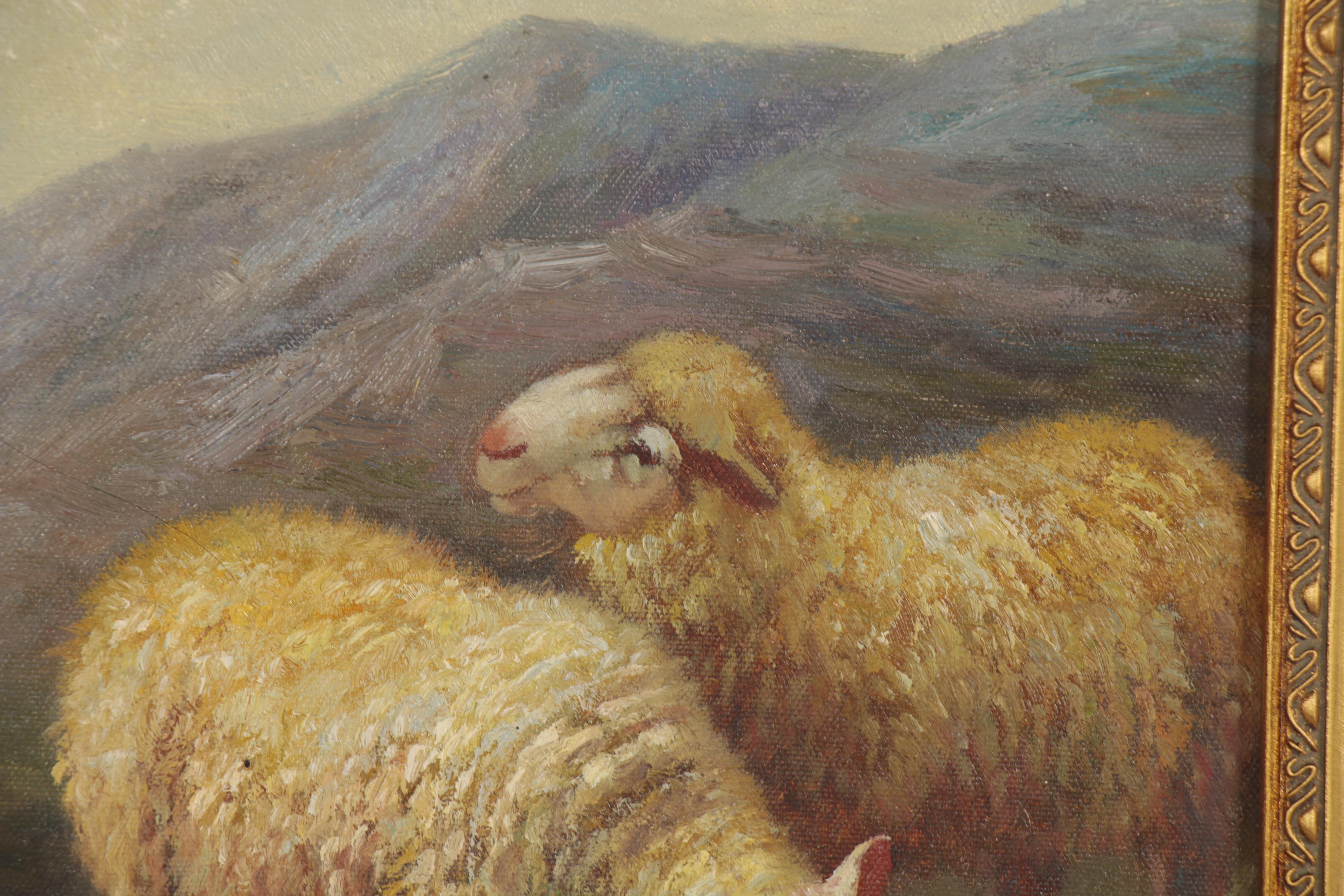 Landscape Oil Painting of a Flock of Sheep, Late 20th Century