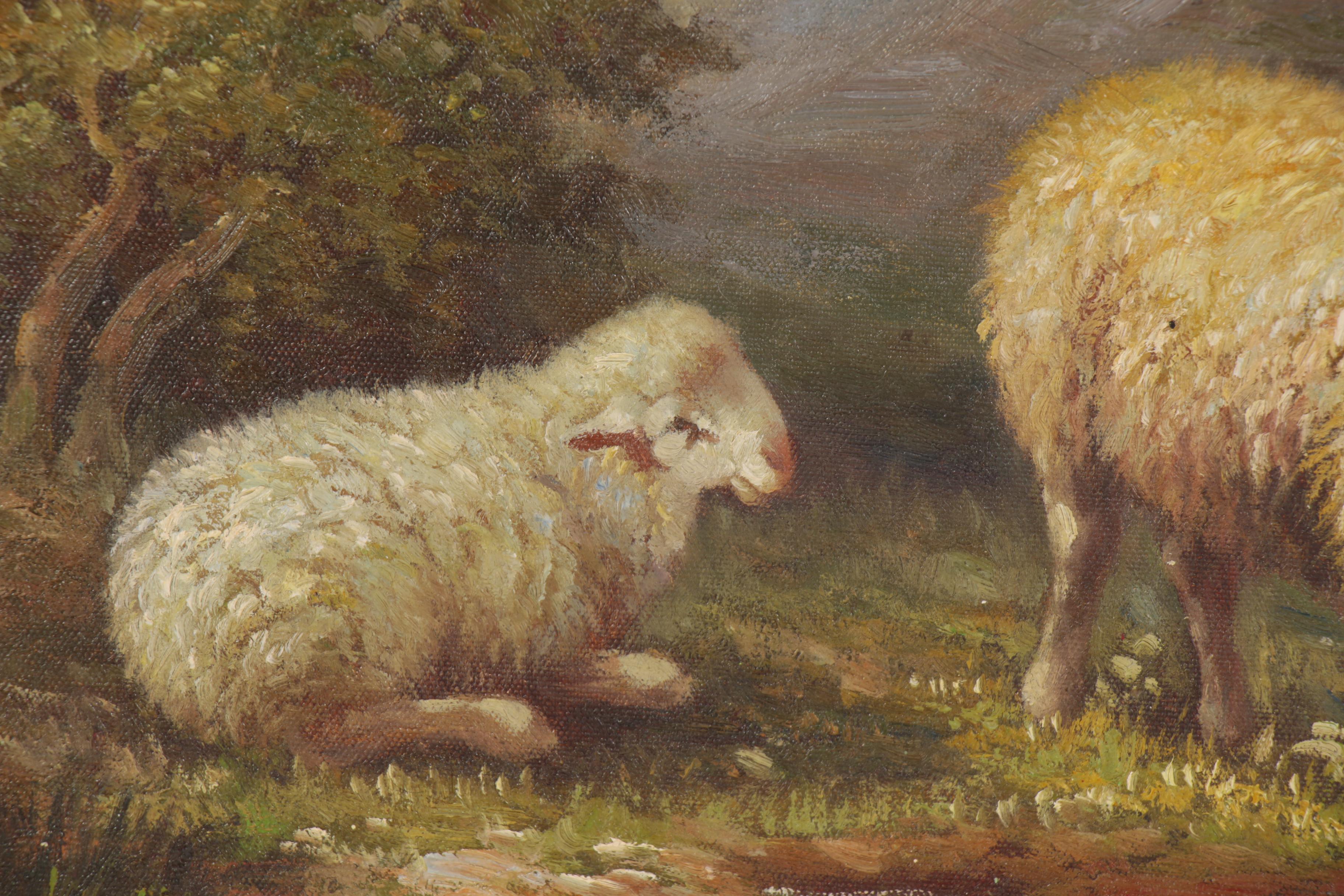 Landscape Oil Painting of a Flock of Sheep, Late 20th Century