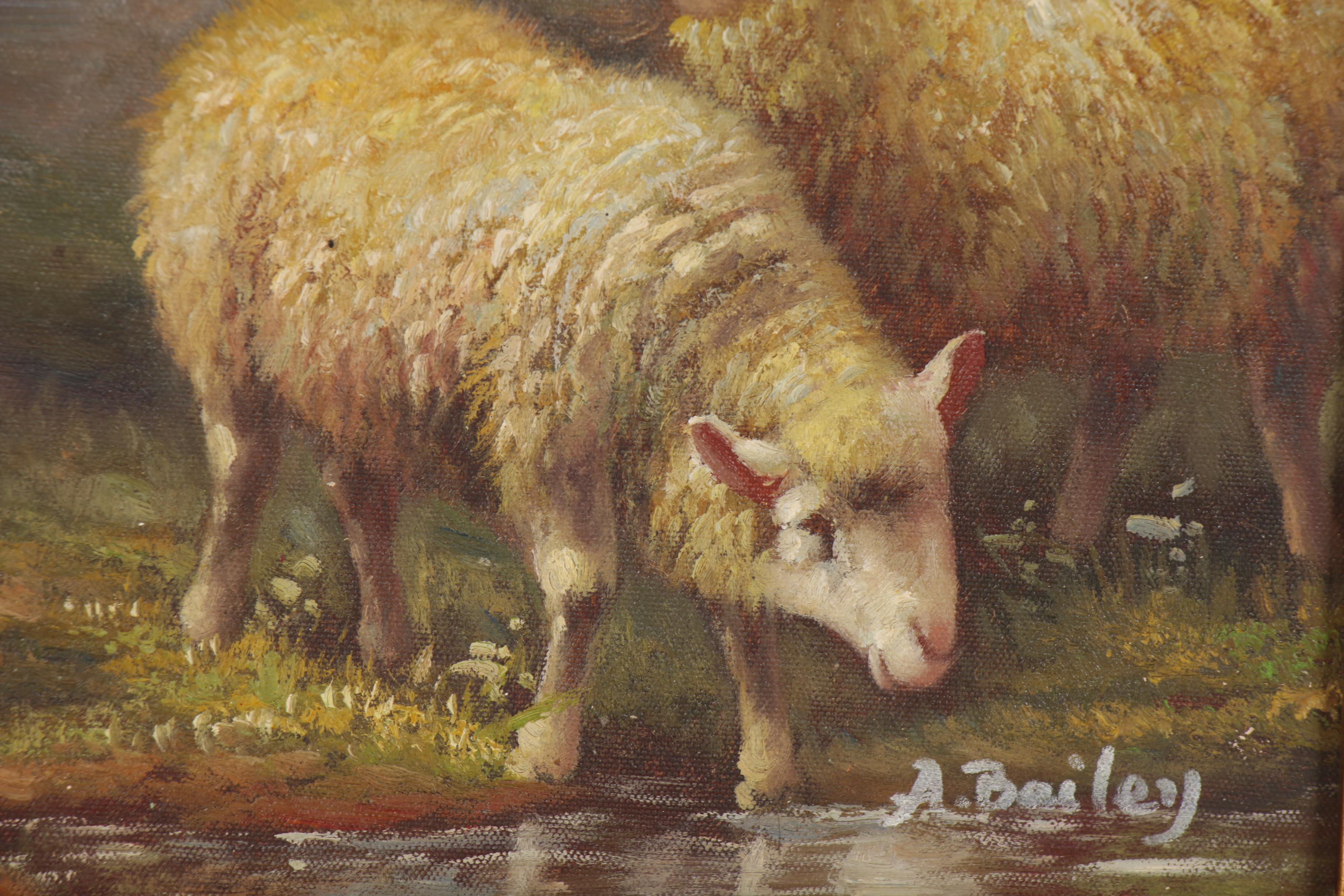Landscape Oil Painting of a Flock of Sheep, Late 20th Century
