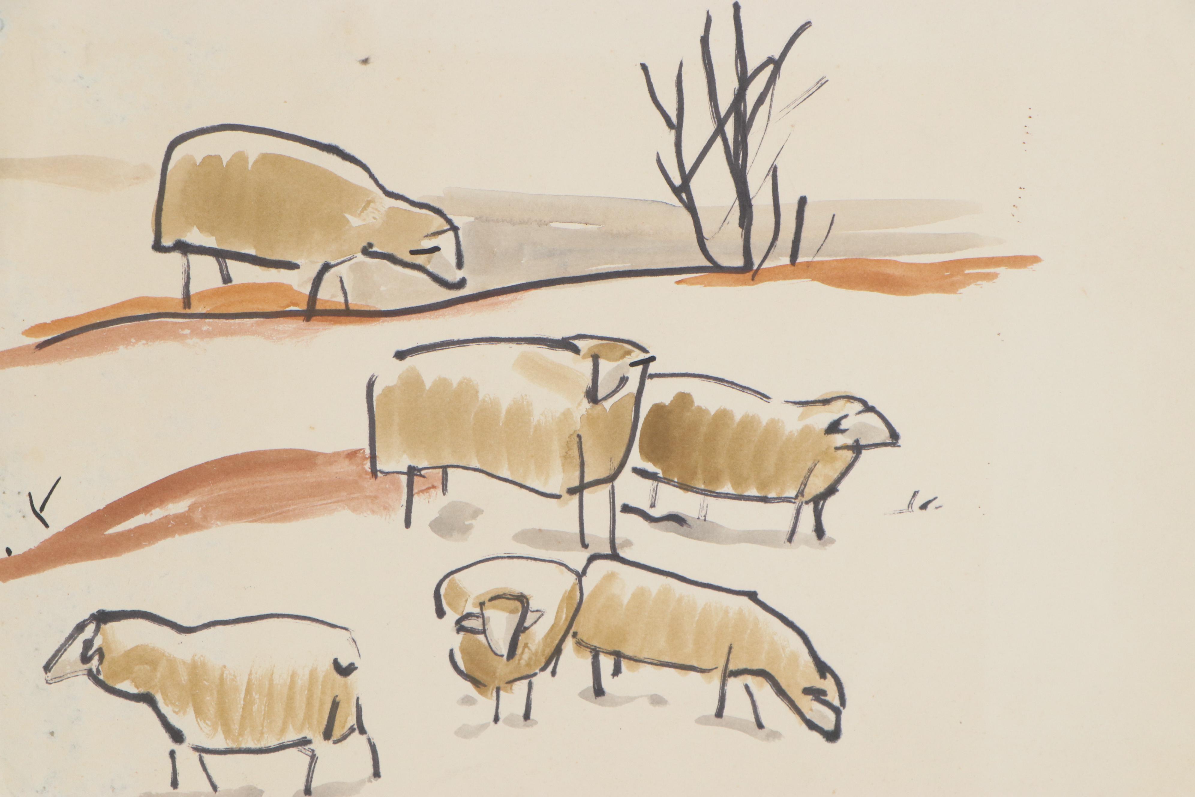 Helena K. Beacham Watercolor Painting of Sheep, Late 20th Century