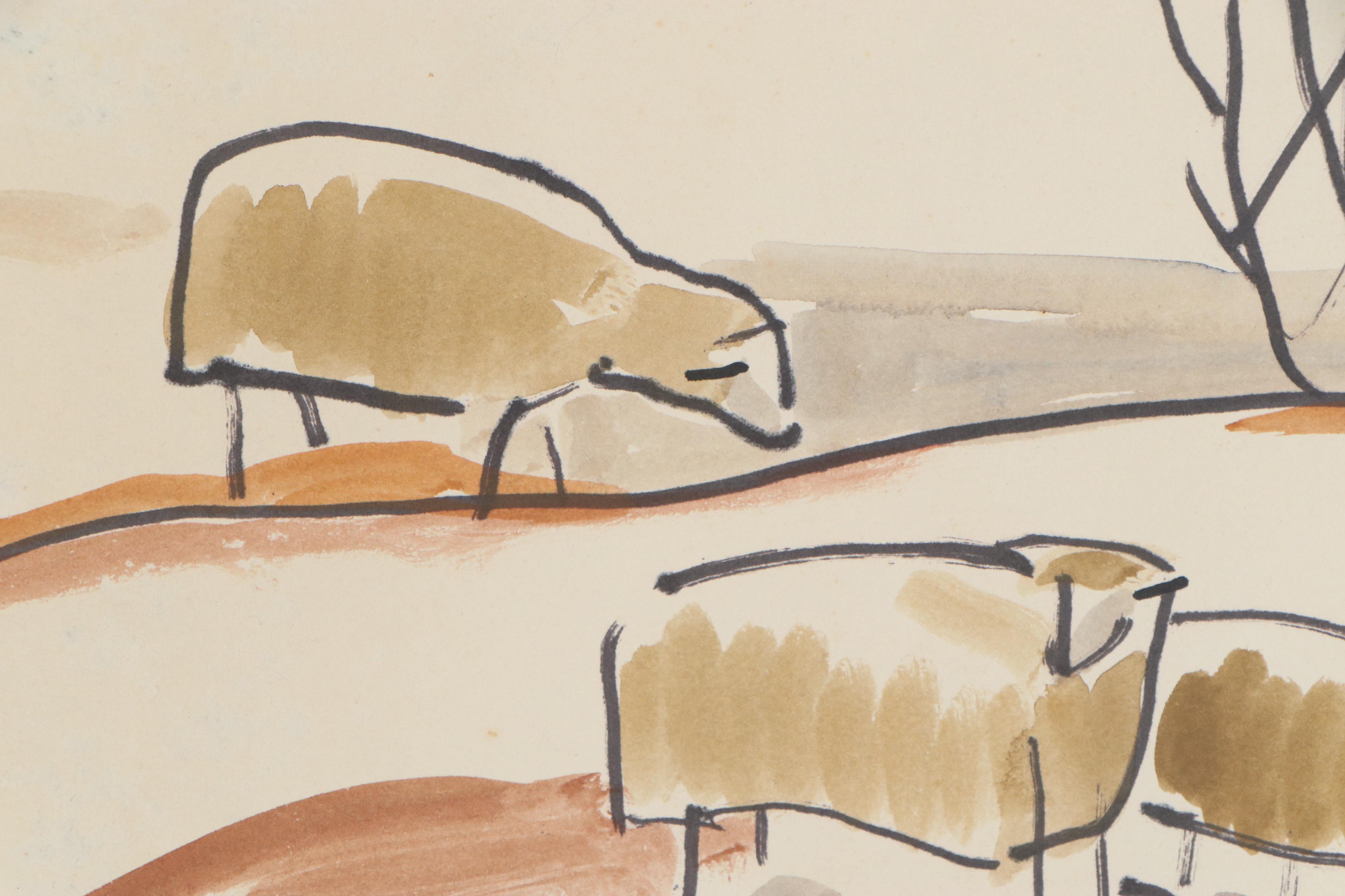 Helena K. Beacham Watercolor Painting of Sheep, Late 20th Century
