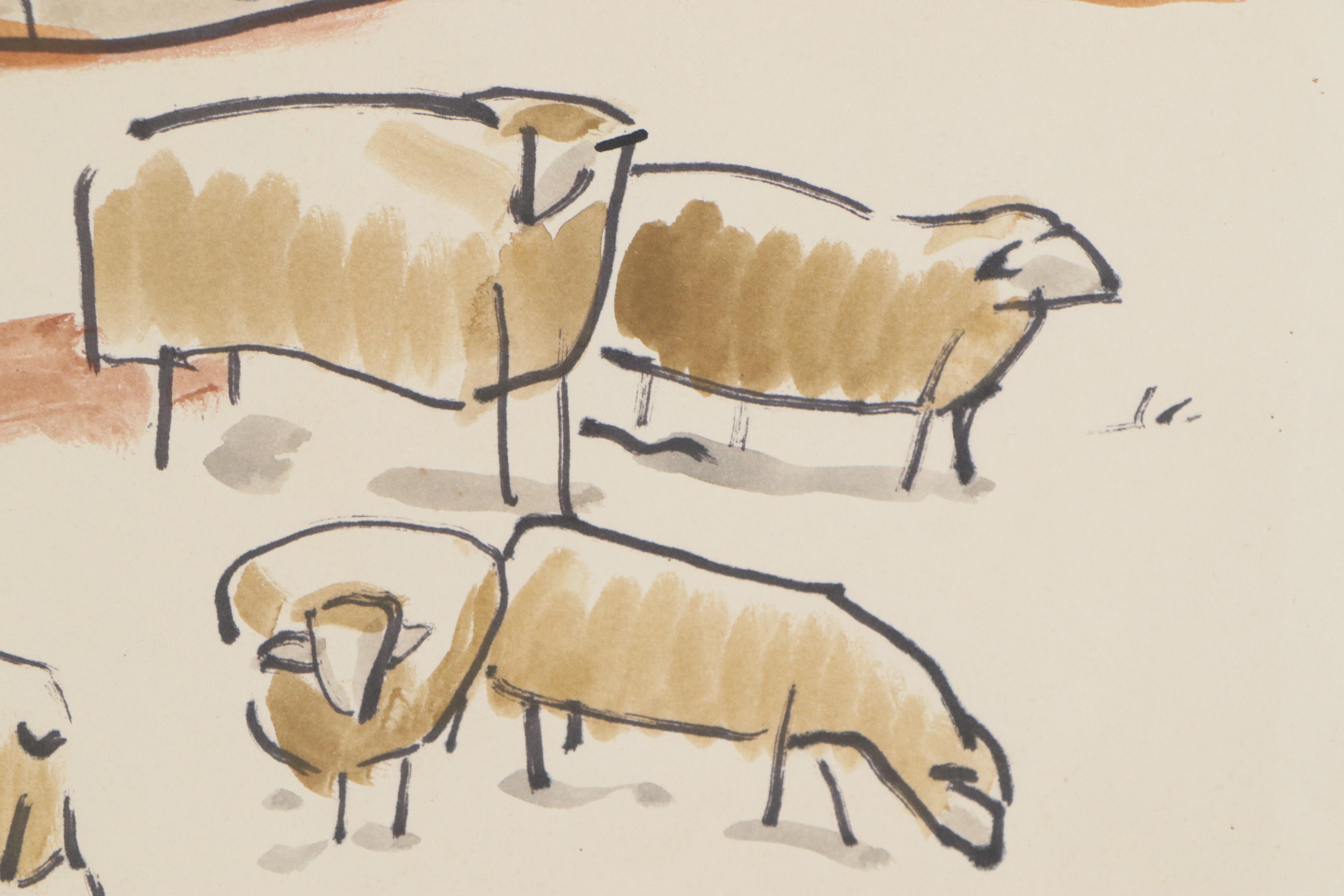 Helena K. Beacham Watercolor Painting of Sheep, Late 20th Century
