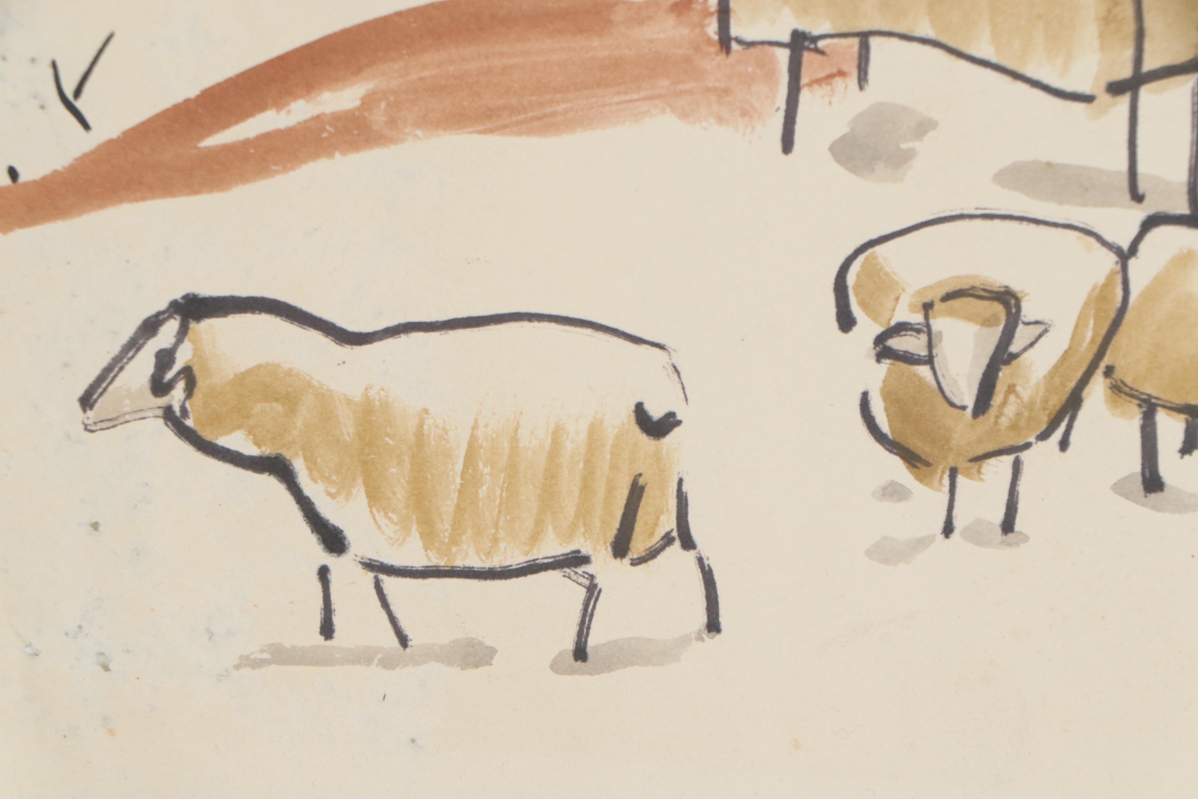Helena K. Beacham Watercolor Painting of Sheep, Late 20th Century