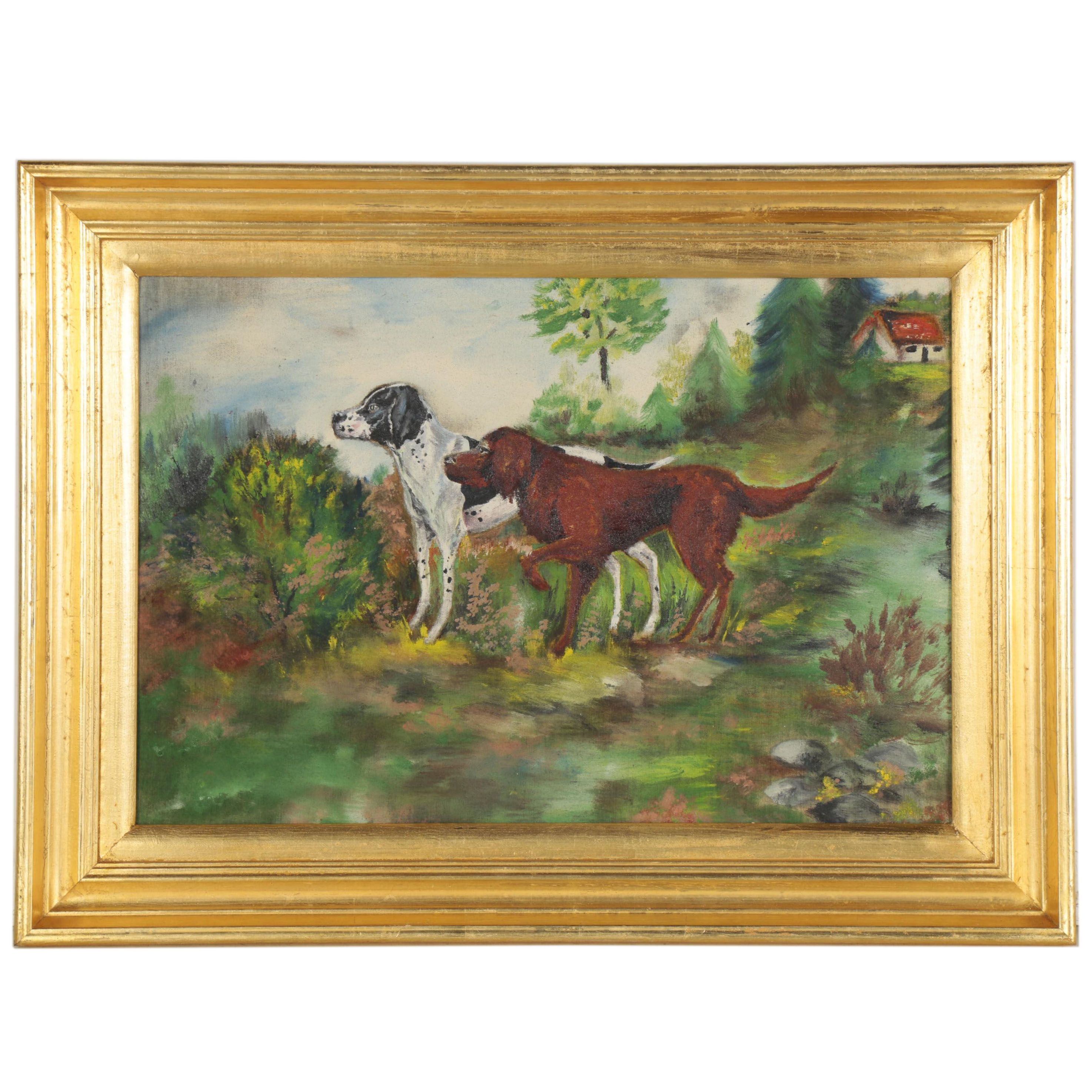 Oil Painting of Hunting Dogs, Early-Mid-20th Century