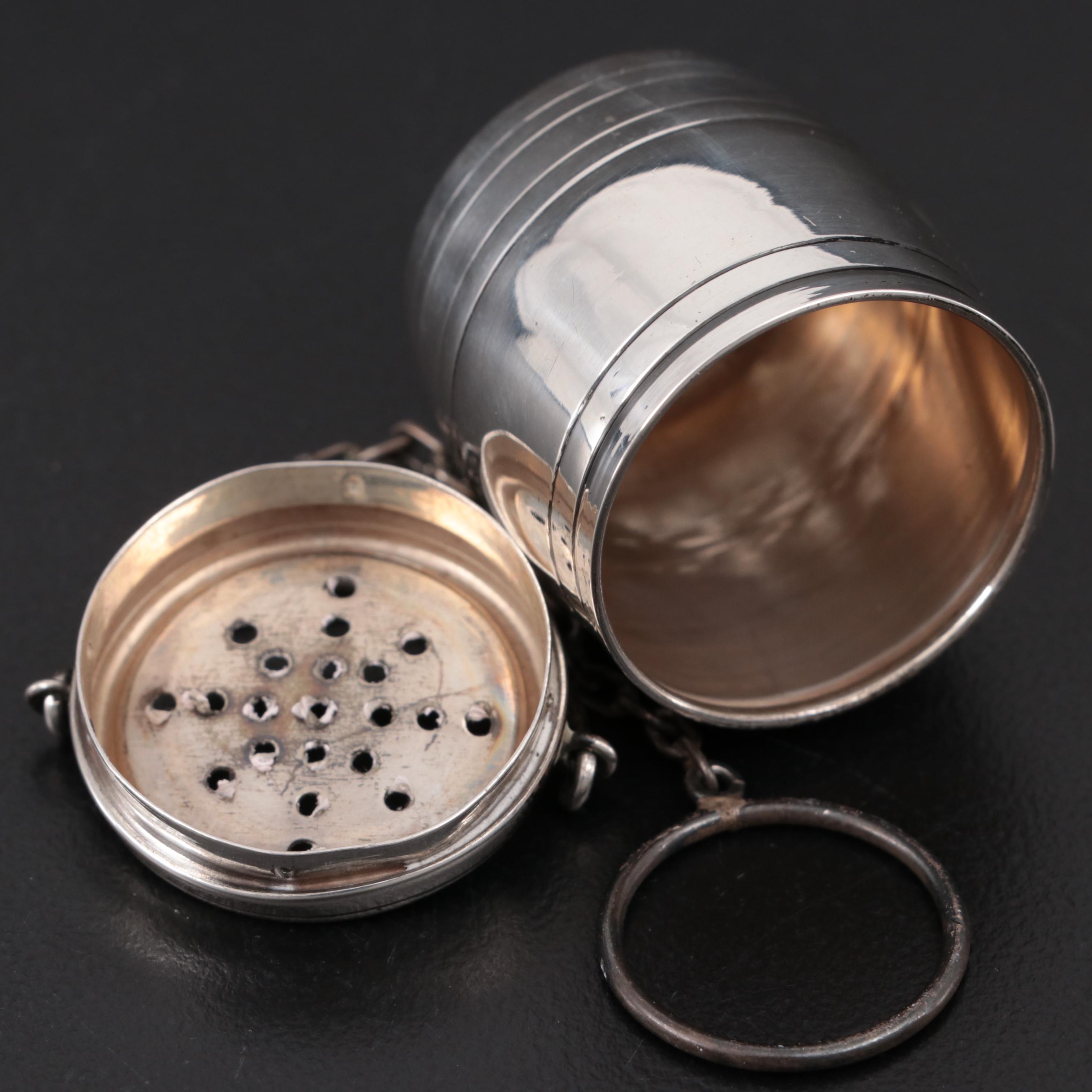 Webster Company Sterling Silver Barrel Shaped Tea Strainer, 1900–1920