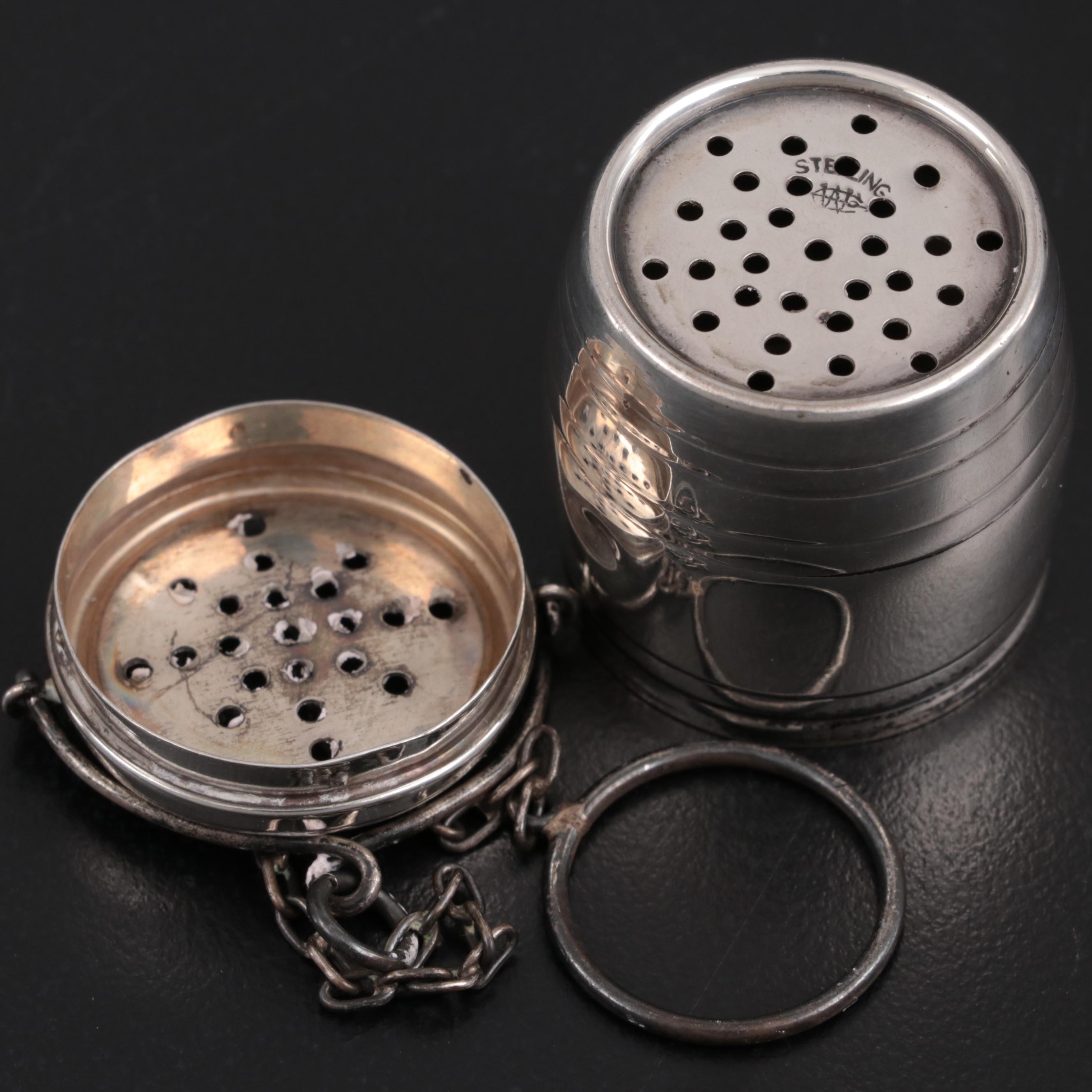 Webster Company Sterling Silver Barrel Shaped Tea Strainer, 1900–1920