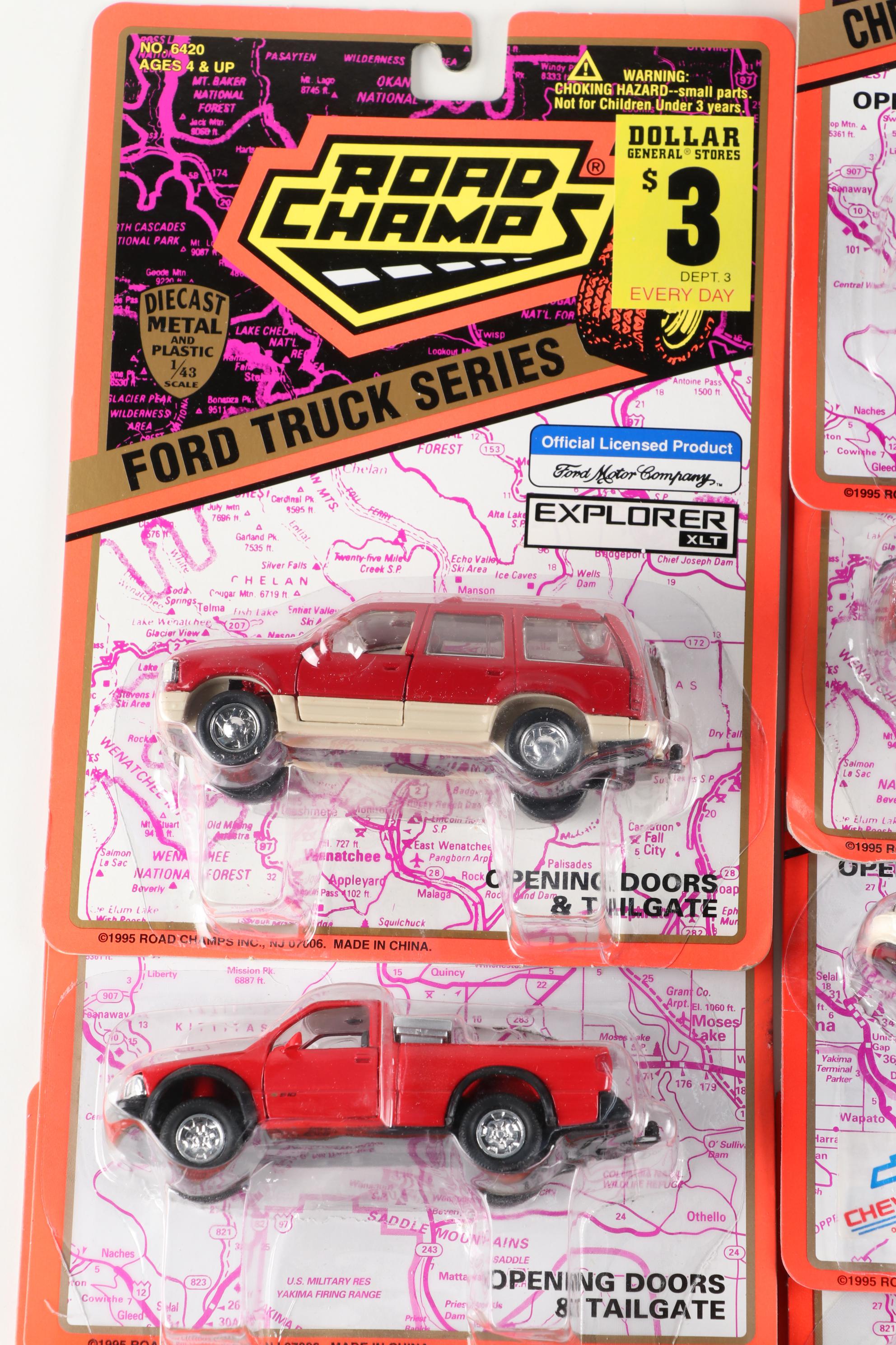 Road Champs Die Cast Vehicles Including Ford Trucks, Police Cars, and More
