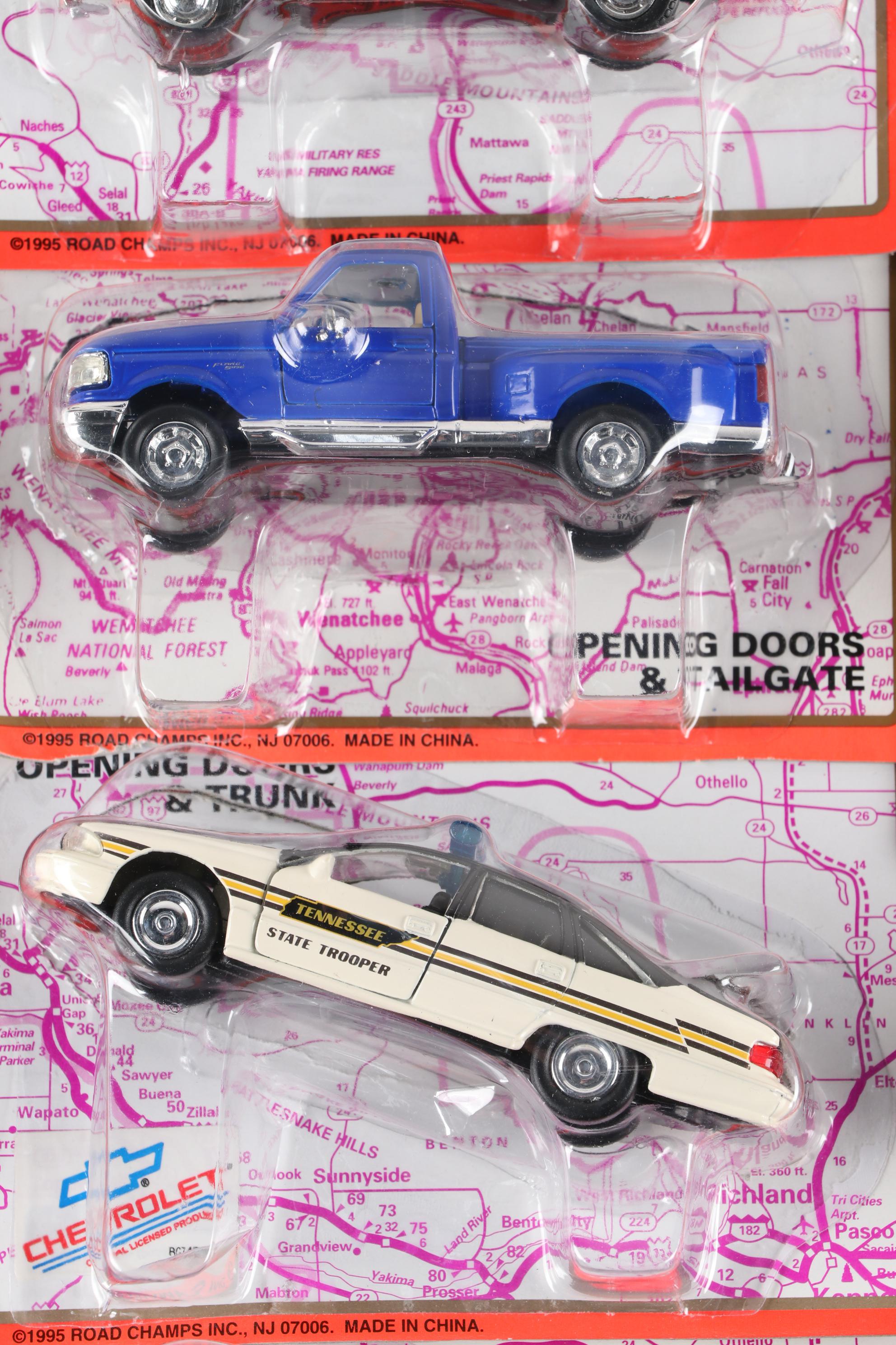 Road Champs Die Cast Vehicles Including Ford Trucks, Police Cars, and More