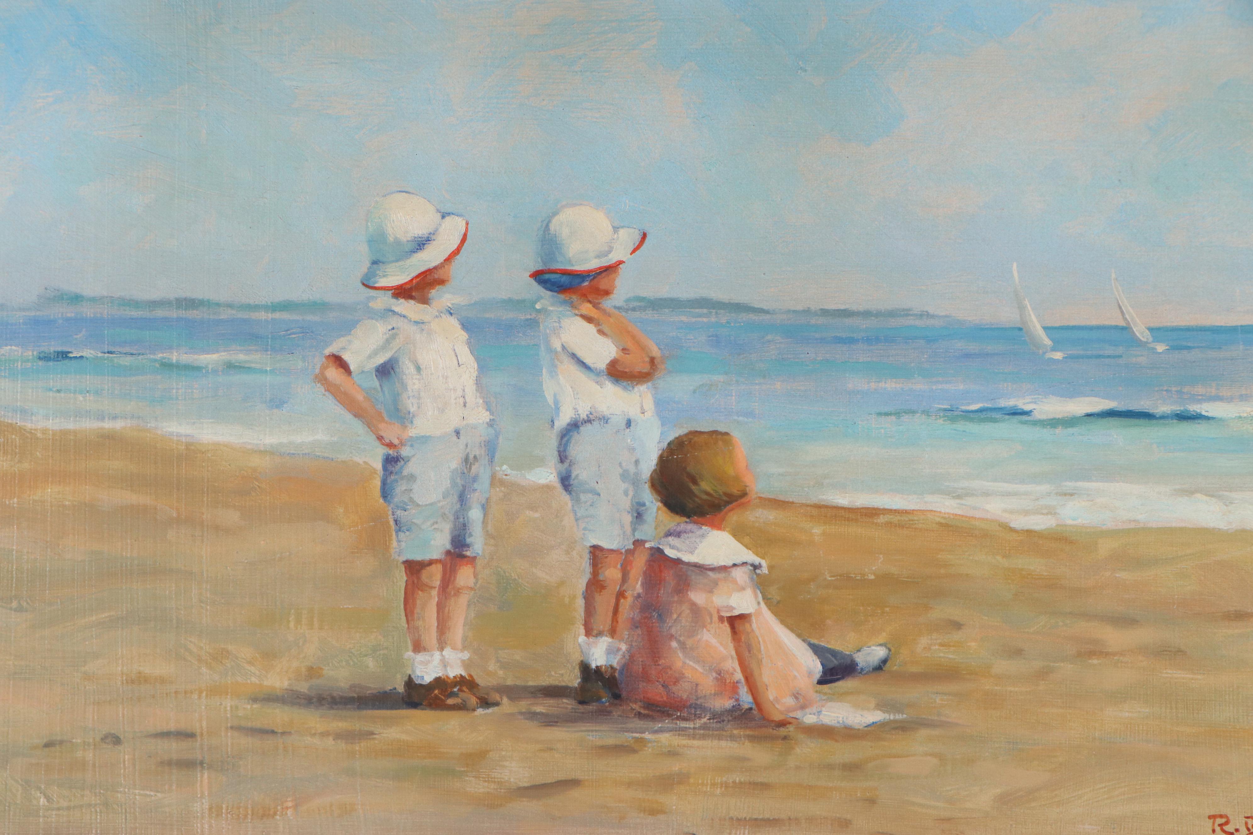 Roberta B. Seger Oil Painting of Children on Beach, 1992